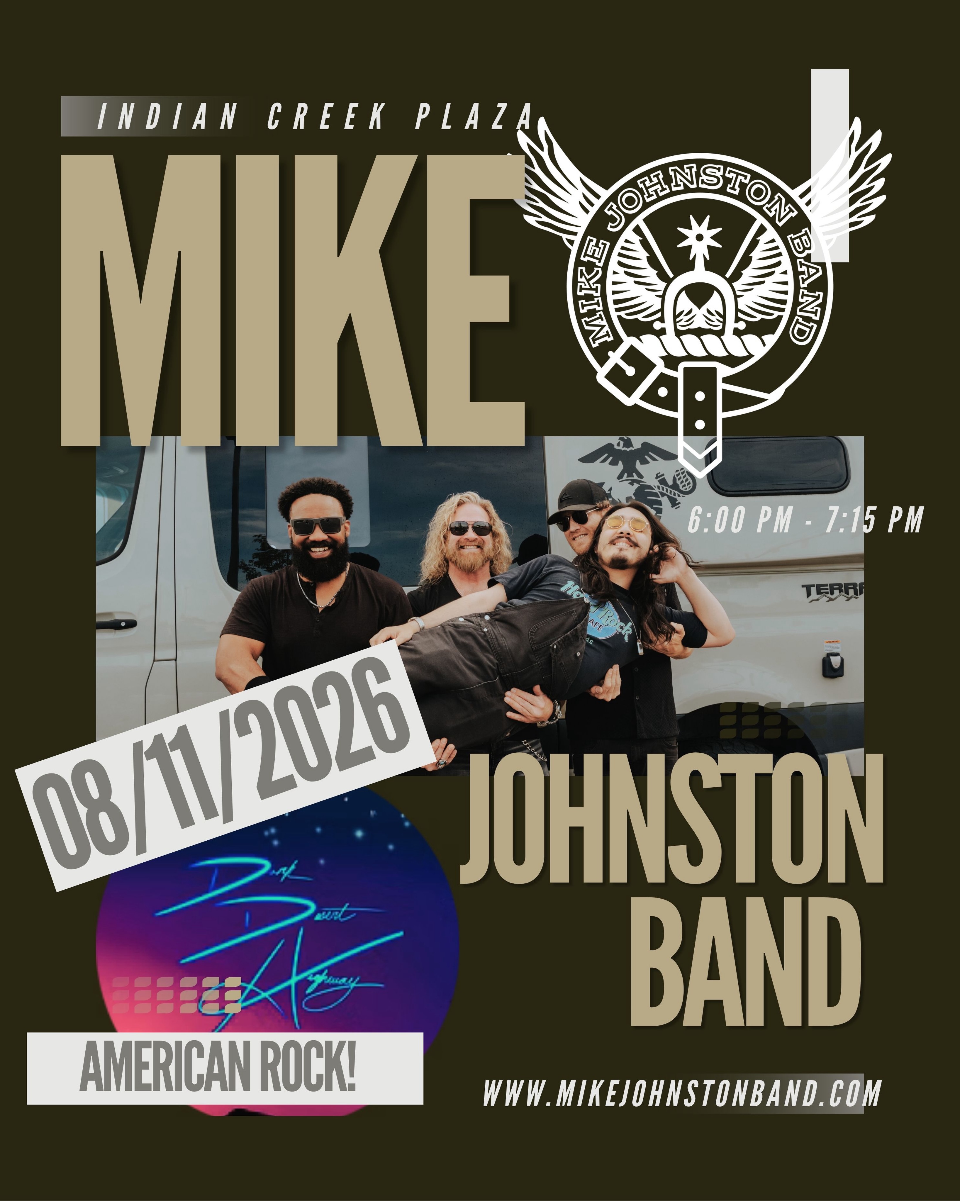 We are excited to bringing American Rock to @indiancreekplaza on Tuesday, August 11th at 6:00 PM. We will be opening for @darkdeserthighwayband so come out early and stay late for an evening of incredible music and fun! #americanrock #originalmusic #mikejohnstonband