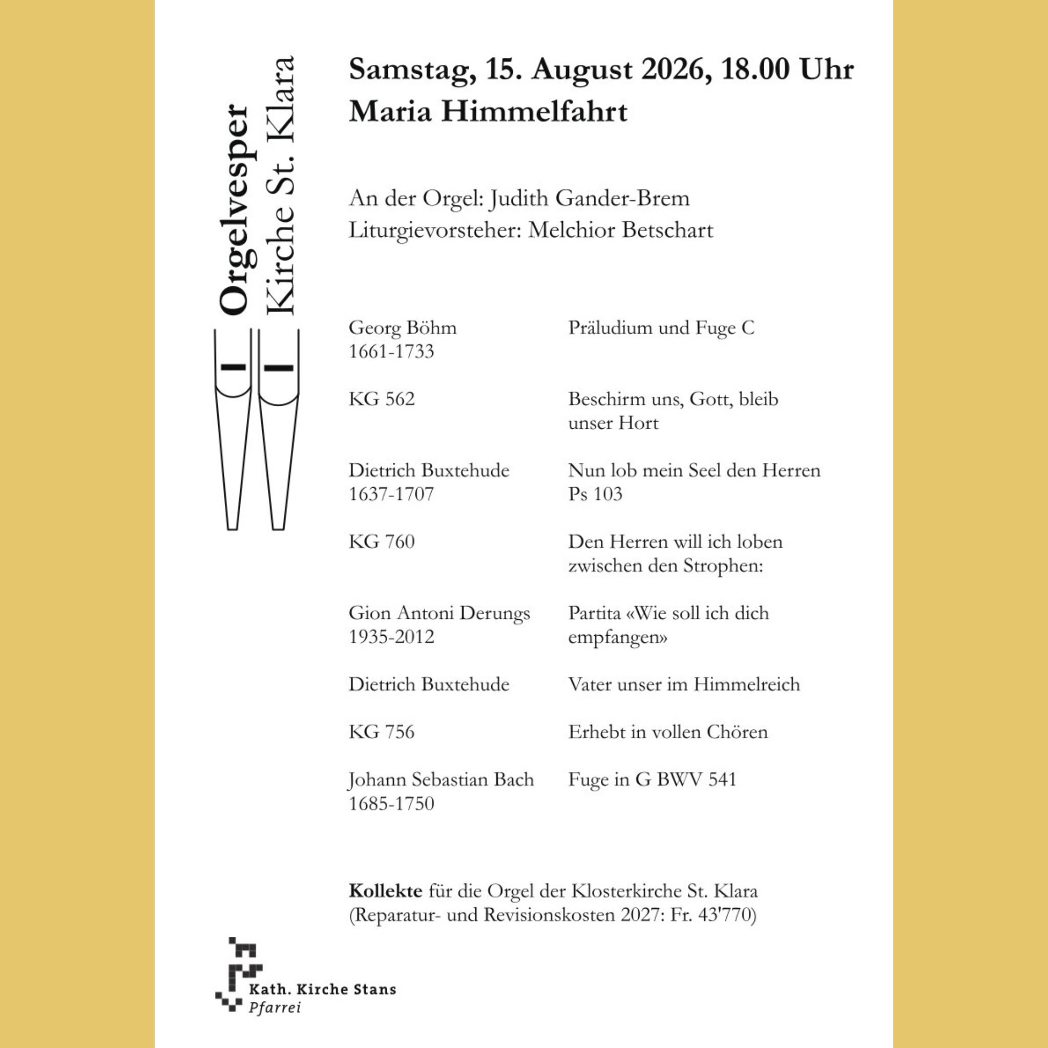 Orgelvesper mit Judith Gander-Brem und Dekan Melchior Betschart am 15. 8. 2026 um 18:00 Uhr in der Kircge St. Klara Stans. Zu Maria Himmelfahrt.
Herzliche Einladung!
#stans#orgel#stklara#nidwalden#mariahimmelfahrt