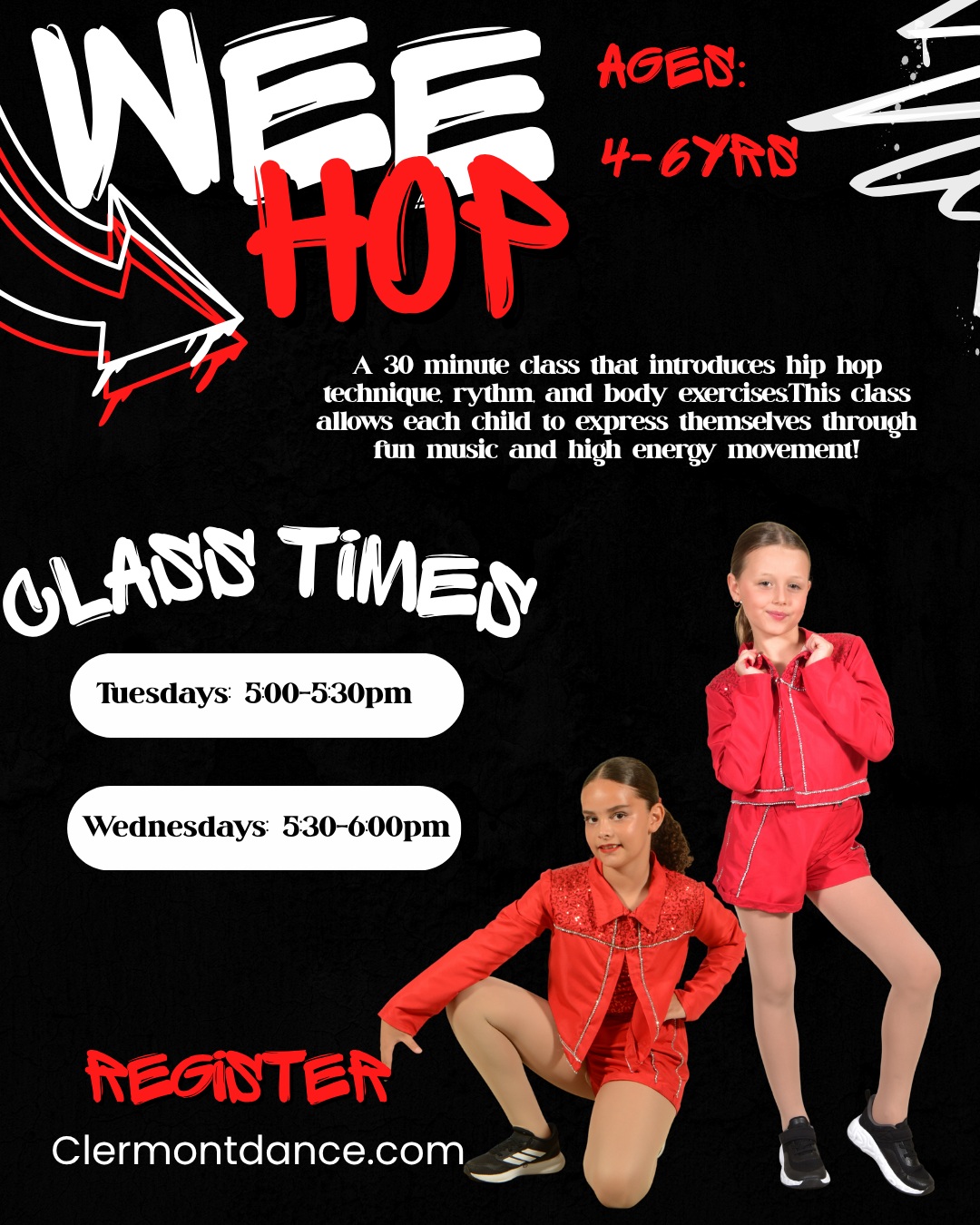 🔥 Big energy for our littlest dancers! 🔥
Our WeeHop classes are the perfect introduction to hip-hop for young dancers who love to move, groove, and have fun! 🎶🖤
Through upbeat music and age-appropriate movement, dancers will build coordination, rhythm, confidence, and classroom skills in an energetic and encouraging environment.
Let your little one dance, express themselves, and discover their love of hip-hop!
Register today for our 2026–2027 Fall–Spring Season!
📍 Clermont Academy of Dance
💻 www.clermontdance.com