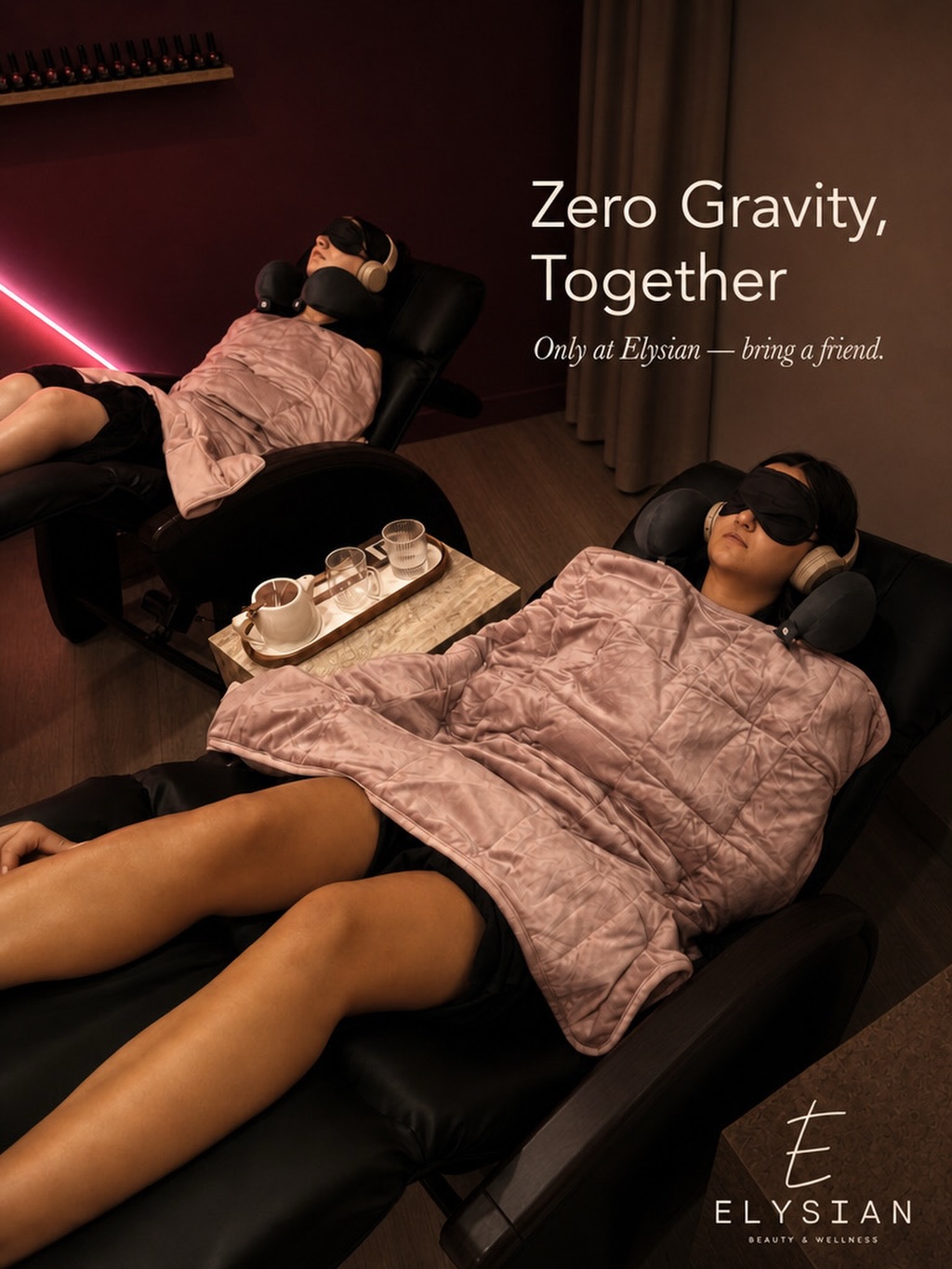 We spend so much time making plans to catch up.
What if, instead, you made time to truly unwind together?
Sink into our Zero Gravity recliners, wrap yourself in a weighted blanket, slip on the headphones, and let the outside world disappear.
No rush. No distractions. Just an hour (or two) of complete calm, side by side.
Zero Gravity, Together. Exclusively at Elysian.