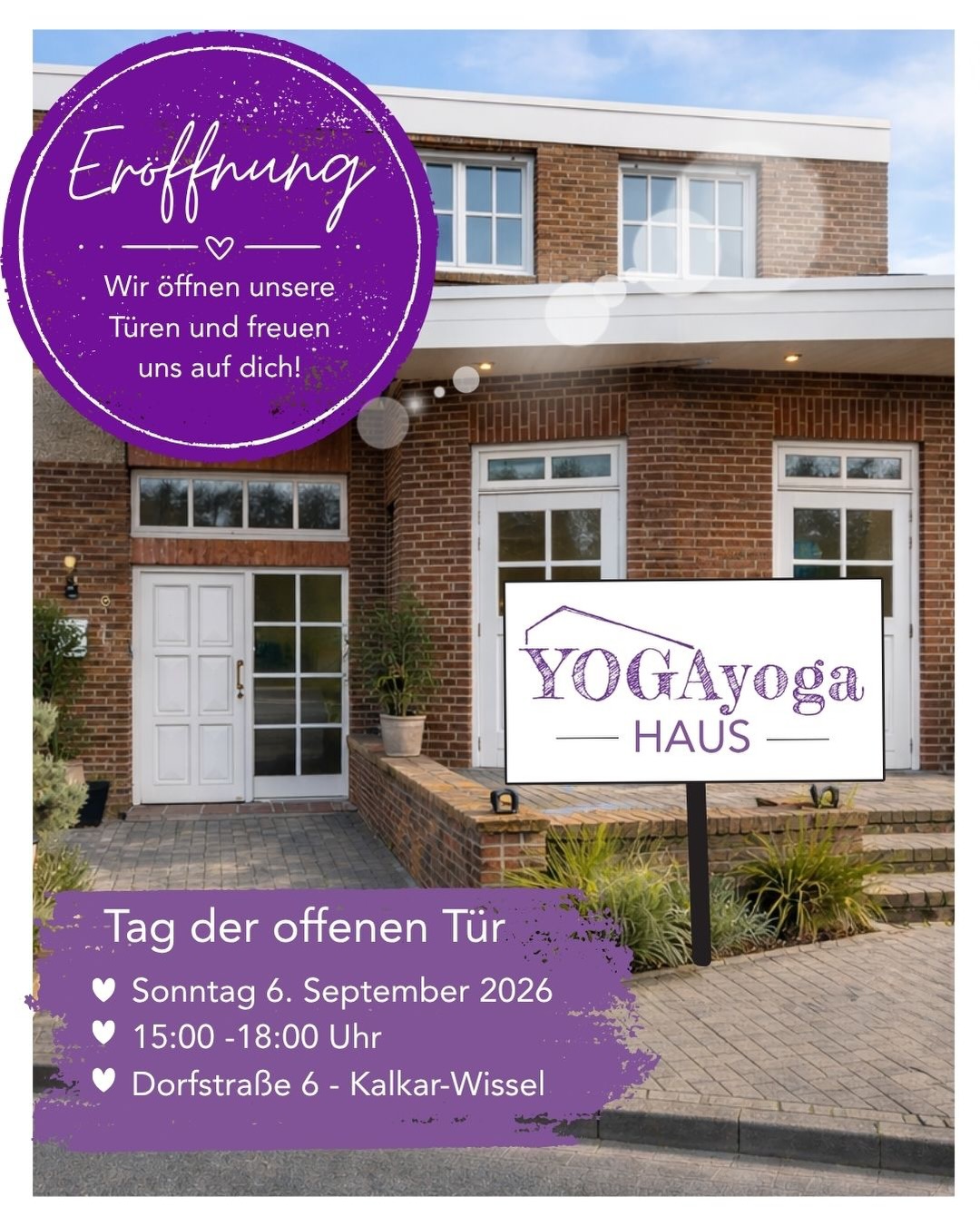 ✨ Endlich ist es soweit!
Nach vielen Monaten voller Ideen, Planung und Umbau öffnen sich die Türen des YOGAyoga-Hauses.
🥳 Eröffnung.
Sonntag, 6. September I 15-18 Uhr.
👉 Swipe nach links und entdecke, was dich erwartet!
Ein Herzenswunsch wird Wirklichkeit 💜
Aus einer Vision ist ein Ort entstanden, an dem Bewegung, Verbindung und Wachstum Raum finden dürfen.
Ich freue mich diesen besonderen Moment mit euch zu teilen und euch persönlich willkommen zu heißen!
Das erwartet dich:
💜 Entdecke das Haus
💜 Praxisgemeinschaft kennenlernen
💜 Einblicke in Yoga & Rituale
💜 Kaffee, Kuchen & gute Gespräche
💜 Angebote für Körper & Seele
✨ Komm vorbei - ganz ohne Anmeldung. Wir freuen uns auf dich!