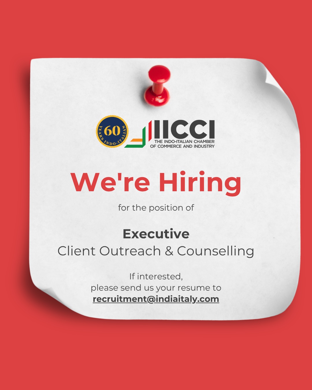 📢 We’re Hiring | Client Outreach & Counselling 🇮🇹🇮🇳
Join IICCI – The Indo-Italian Chamber of Commerce and Industry and become the first point of contact for students and professionals exploring Italian language learning and education opportunities in Italy.
We are looking for an organized and communicative professional to support both our Italian Language Department and Minerva EduHub.
✨ What you’ll do:
📞 Connect with prospective students and clients
🎓 Provide initial guidance on Italian language courses and study opportunities in Italy
💬 Conduct primary counselling and qualify leads
📋 Manage follow-ups and maintain accurate CRM records
🤝 Coordinate with internal teams for seamless handovers
Who can apply?
Fresh graduates or candidates with up to 3 years of experience in customer service, telecalling, counselling, education, or related fields.
📍 Mumbai | On-site | Full-time
🏠 Work-from-home flexibility available based on business needs
📩 Apply now: recruitment@indiaitaly.com
Be part of a team strengthening Italy–India connections through language, education and opportunities. 🇮🇹🤝🇮🇳
#Hiring #WeAreHiring #JobOpening #MumbaiJobs #ClientOutreach #StudentCounselling #EducationJobs #ItalianLanguage #MinervaEduHub #IICCI #ItalyIndia