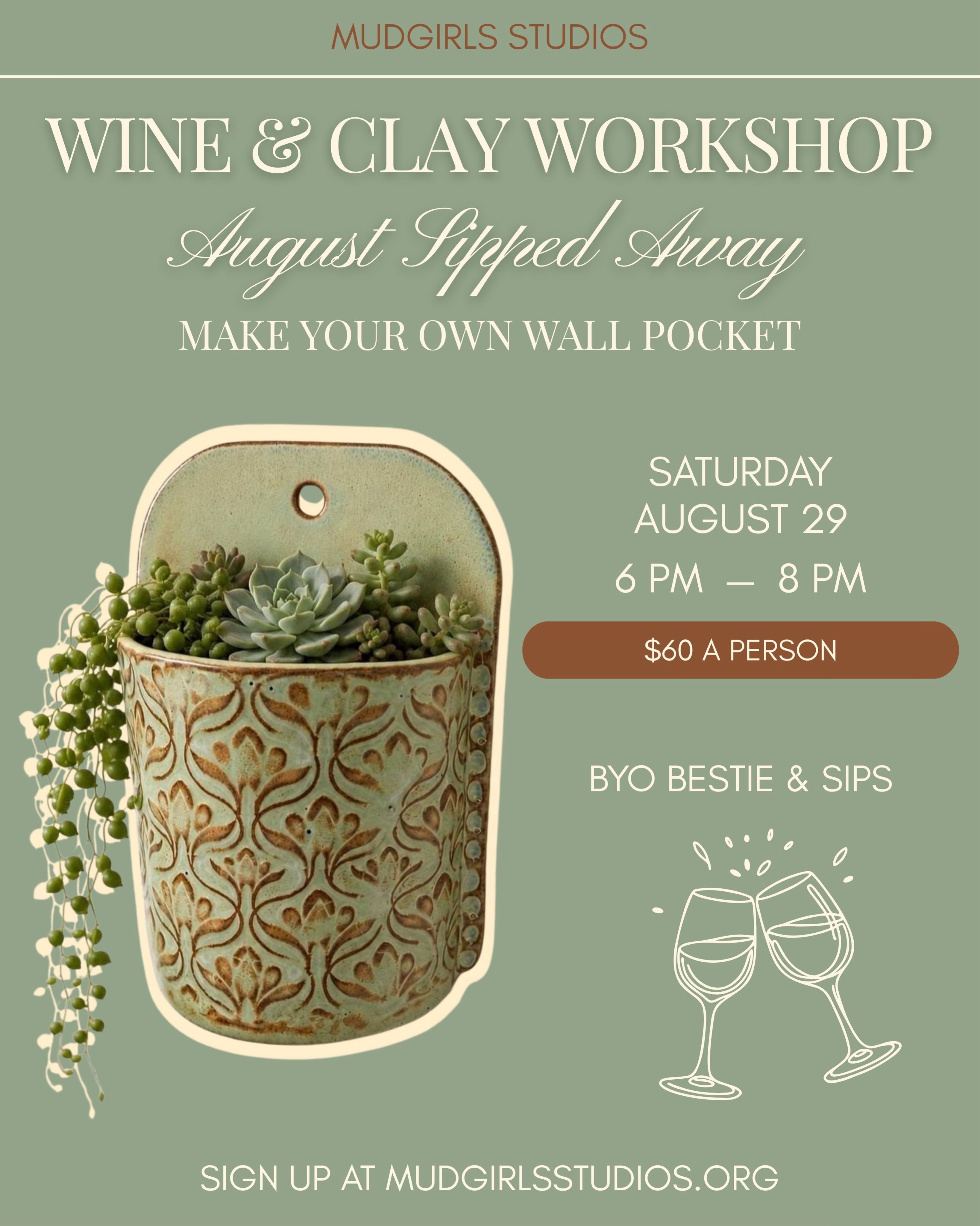 A clay night out! Bring your favorite bottle and we’ll bring the clay!
Join us at our Atlantic City studio for a hand-building workshop where you’ll shape and build your very own ceramic wall pocket. Our instructor will walk you through every step — no experience needed!
This one’s BYOB, so bring your favorite bottle, bring your bestie, and let’s get creative together (21+ only) 🍇
Every seat you fill helps fund MudGirls Studios’ mission of empowering women through the art of clay. So the wall pocket you take home is just one small piece of something much bigger💙
📅 Saturday, August 29
🕕 6 PM – 8 PM
$60 a person
Spots are limited — sign up at MudGirlsStudios.org under the Events tab
We can’t wait to see you! 🌿
#pottery #potteryworkshop #wineandclay #sipandsculpt #atlanticcity