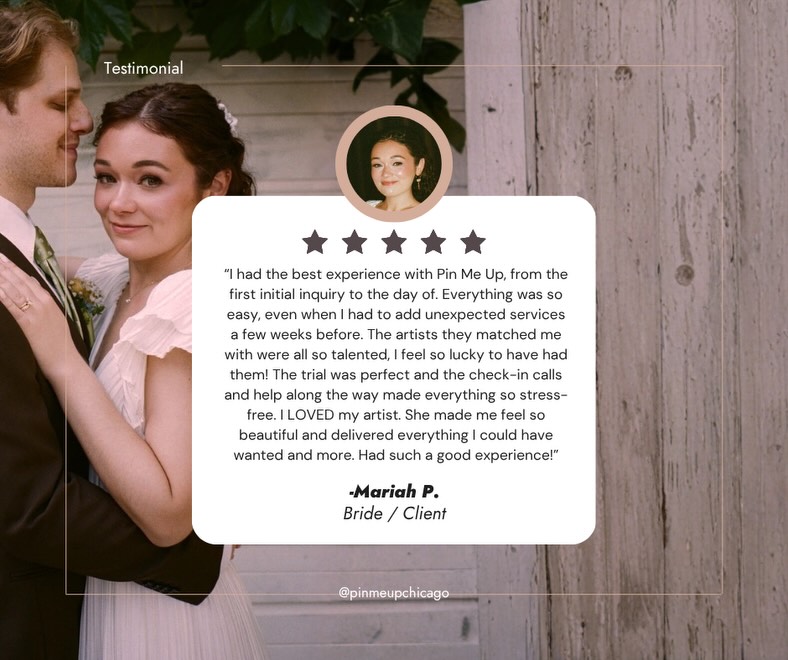 We’re incredibly honored and grateful to our beautiful bride, Mariah, for sharing such a heartfelt testimonial with us! It truly means the world to be part of her special occasion and to help her feel radiant and confident. ✨💖
2026 & 2027 Clients: Whether it’s a milestone event, celebration, or special moment, you deserve a look that feels effortless and elevated. Let us bring your vision to life with our expert hair and makeup services.
Don’t wait—secure your date with Pin Me Up Chicago today