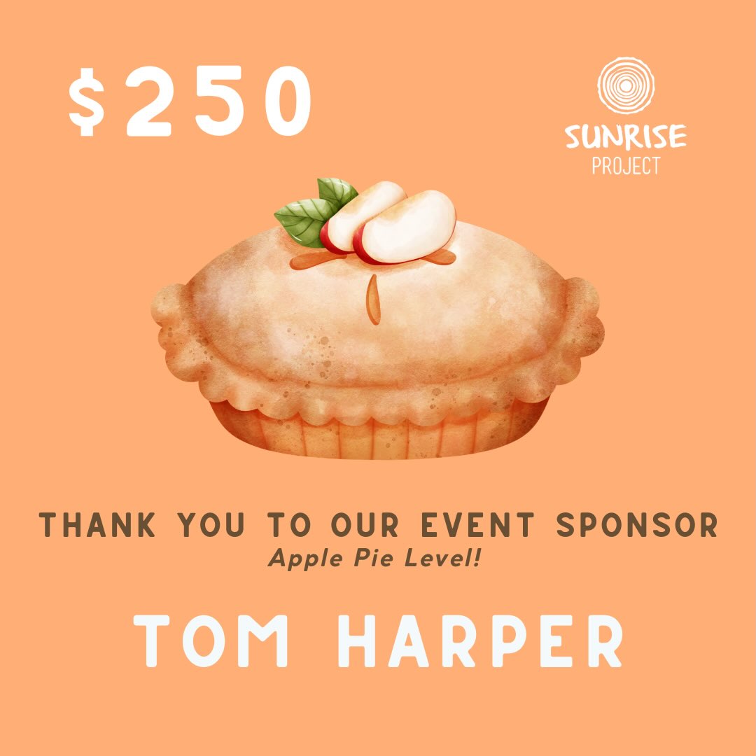Thank you Tom Harper for sponsoring our 12th Annual Pie Auction Fundraiser at the Apple Pie Level ❣️ we are so grateful! Sponsorships ensure that all money raised at our event goes straight to our programs!
Our pie auction is free admission with a community meal! Sept 26, 12-3pm at Lyons Park. Can’t wait! PIE!! 🥧