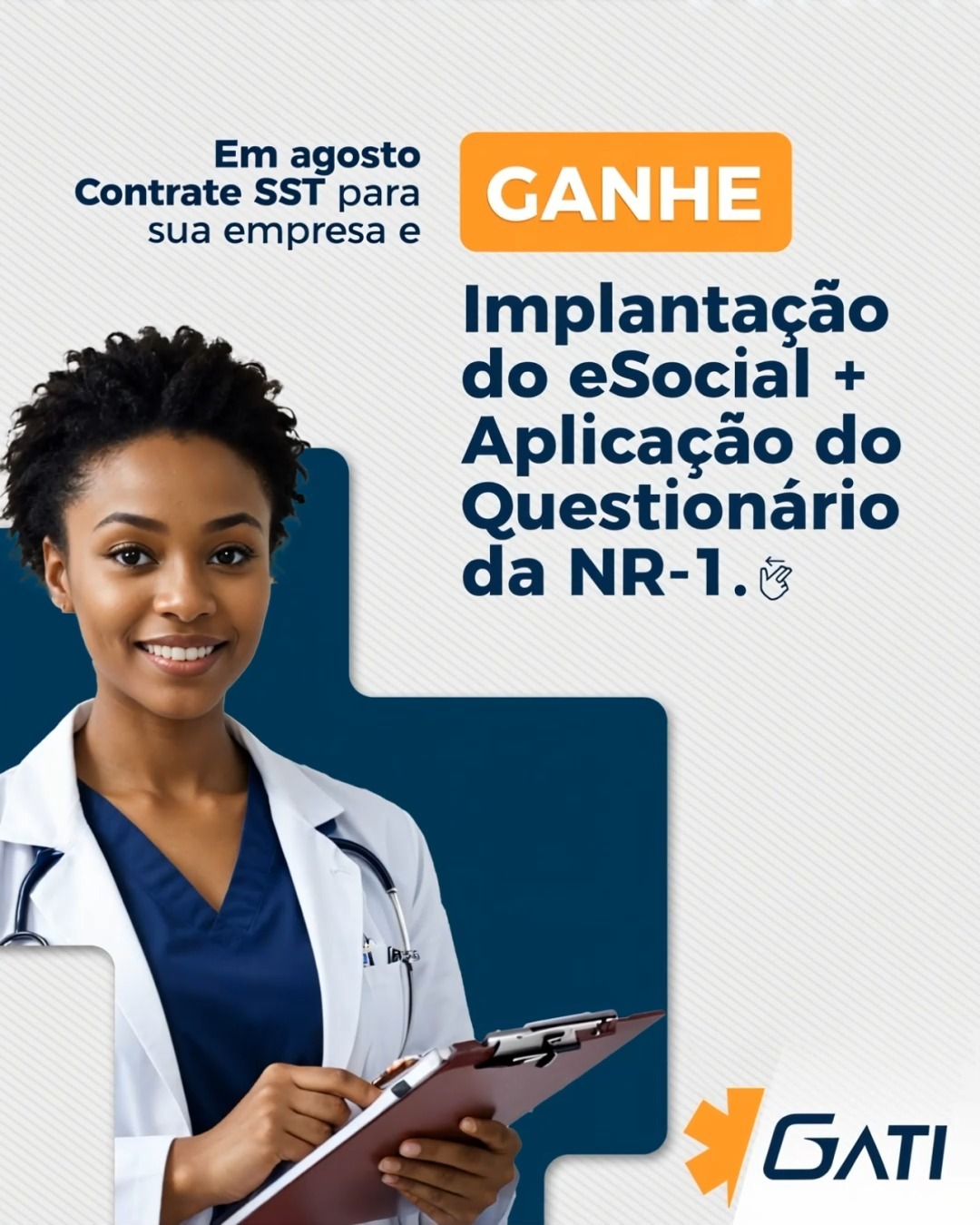 Condição especial de aniversário Gati – 23 anos.
Ao contratar os serviços de Saúde e Segurança do Trabalho durante o mês de agosto, sua empresa ganha:
✅ Implantação do eSocial
✅ Aplicação do Questionário da NR-1
Mais organização, conformidade e o suporte de uma empresa com 23 anos de experiência.
📲 Fale com nossos consultores e aproveite essa condição especial.