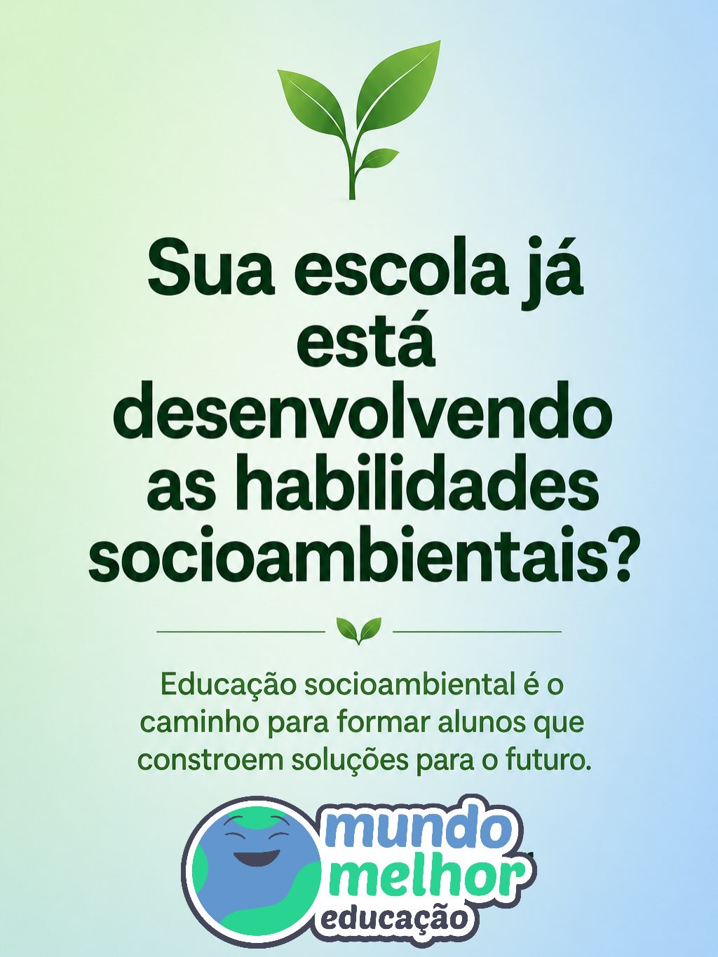 A educação brasileira entrou em uma nova fase.
O Brasil avança para uma escola mais conectada à:
🌱 sustentabilidade
🤝 cidadania
🧠 competências socioemocionais
💡 cultura maker
📚 aprendizagem significativa
🌍 ODS da ONU
🏛️ e às metas do novo Plano Nacional de Educação.
Os municípios que saírem na frente terão alunos mais preparados para os desafios reais da sociedade e uma educação alinhada às novas diretrizes nacionais.
A Mundo Melhor Educação ajuda redes municipais a implementarem a educação socioambiental de forma:
✔️ transversal
✔️ prática
✔️ lúdica
✔️ alinhada à BNCC
✔️ integrada aos ODS
✔️ conectada às políticas públicas educacionais atuais.
Mais do que ensinar sobre meio ambiente, formamos cidadãos capazes de compreender:
saúde, paz, justiça, geração de renda, cultura, respeito ao próximo e responsabilidade coletiva.
Porque sustentabilidade não é teoria.
É vida real.
É cotidiano.
É futuro. #sustainability #educacaosocioemocional #educacaosocioambiental #metodologiaativa #mundomelhoreducacao