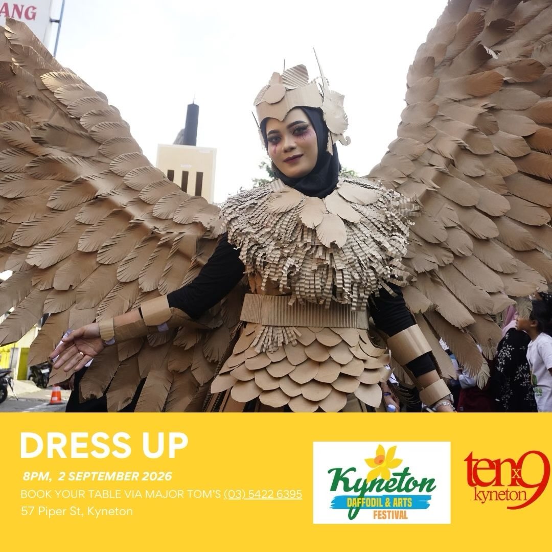 Tenx9 Kyneton – Dress Up!
Wednesday 2 September | 8.00pm
Major Tom’s, 57 Piper Street, Kyneton
Kick off the festival with an evening of storytelling at Tenx9 Kyneton. In honour of the Festival the theme is Dress Up! We invite storytellers and storylisteners alike to embrace the theme, with costumes encouraged and creativity celebrated.
Tenx9 is a unique live storytelling event where ordinary people share extraordinary true stories from their own lives. Each storyteller has up to ten minutes to captivate the audience with a tale that is heartfelt, humorous, surprising or inspiring.
Whether you’re stepping onto the stage or settling in to enjoy the stories, this is an evening full of laughter, connection and community spirit.
Free entry – bookings essential.
Book your table with Major Tom’s on (03) 5422 6395.
If you have a story to share, please email: kynetontenx9@gmail.com