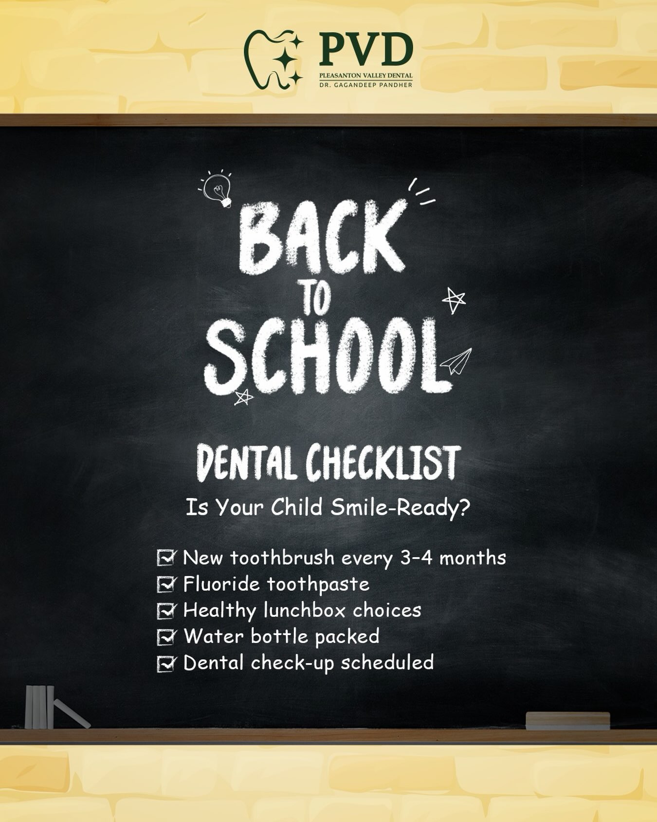 Back to school means fresh supplies, new routines, and healthy smiles. ✨
Take a moment to check off these simple dental habits and set your child up for a confident, cavity-free school year.
#smileready #backtoschool #preventivecare #pleasanton #dentalcare