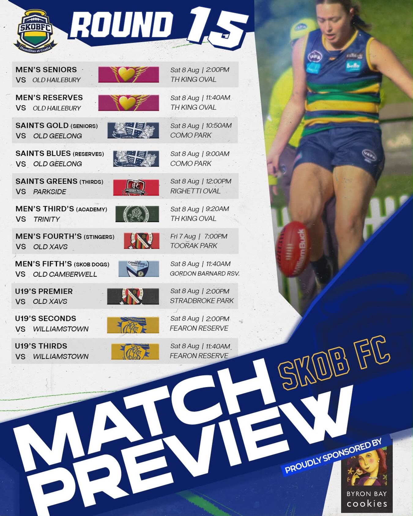 Round 15 fixture!!
Headlined by the Stingers π and Friday night football under lights!!
Get down and support!
Proudly sponsored by @byronbaycookies
#goSKOBπππ