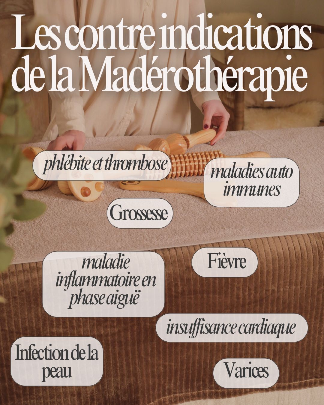 ✨ La madérothérapie : efficace, mais pas adaptée à tout le monde. ✨
Avant toute séance, il est essentiel de s’assurer que cette technique est adaptée à votre situation. Certaines conditions nécessitent en effet de reporter ou d’éviter le soin afin de garantir votre sécurité et votre bien-être. 🤍
🚫 La madérothérapie est contre-indiquée en cas de :
• Grossesse
• Phlébite ou thrombose
• Fièvre ou infection en cours
• Maladie inflammatoire en phase aiguë
• Certaines maladies auto-immunes actives
• Insuffisance cardiaque
• Infection ou lésion cutanée sur la zone à traiter
• Varices importantes ou douloureuses
🌿 Chaque personne est unique. C’est pourquoi un échange préalable est toujours réalisé avant la séance afin de vérifier l’absence de contre-indication.
Une question ? Un doute ? N’hésitez pas à me contacter, je serai ravie de vous renseigner. ✨
#Madérothérapie #BienÊtre #MassageCorps #SantéNaturelle #PrendreSoinDeSoi #AccompagnementBienÊtre #Maderotherapie #DrainageLymphatique #Fleurbaix #BienÊtreAuNaturel 🤍🌿