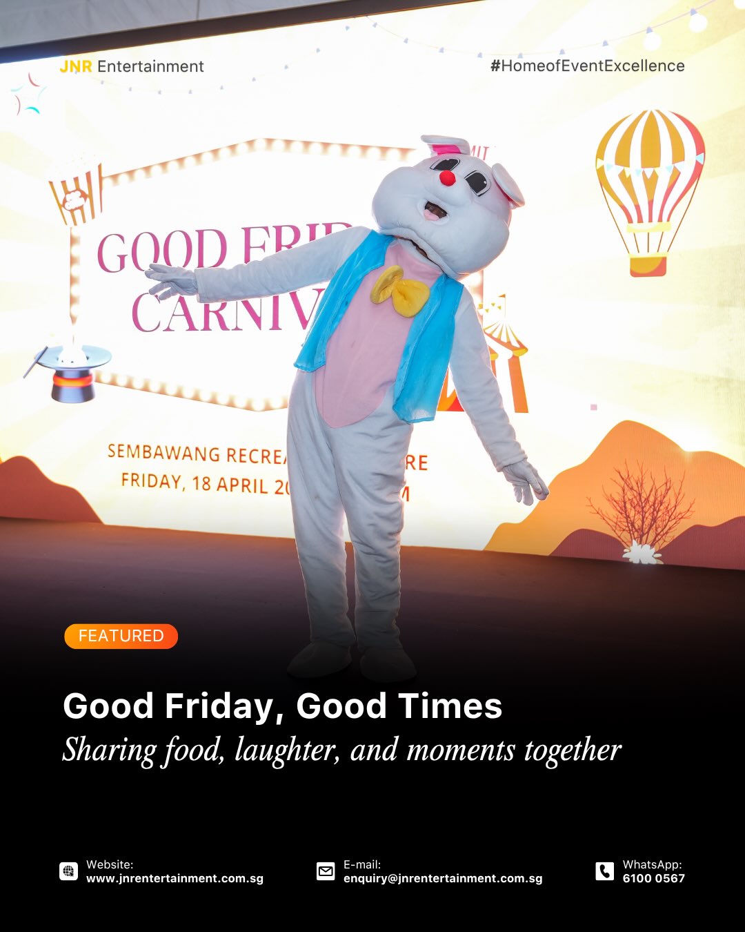 Good Friday Carnival was a wonderful time to come together, enjoy good food, play fun games, and share meaningful moments with one another.π‘
From laughter-filled activities to heartfelt conversations over a meal, the celebration brought everyone closer in the spirit of faith, friendship, and togetherness. π€
βοΈ enquiry@jnrentertainment.com.sg
π± 61000 567
π www.jnrentertainment.com.sg
#EventManagementSingapore
#CommunityEvents
#EventProduction #JNRentertainment
#EventExperience