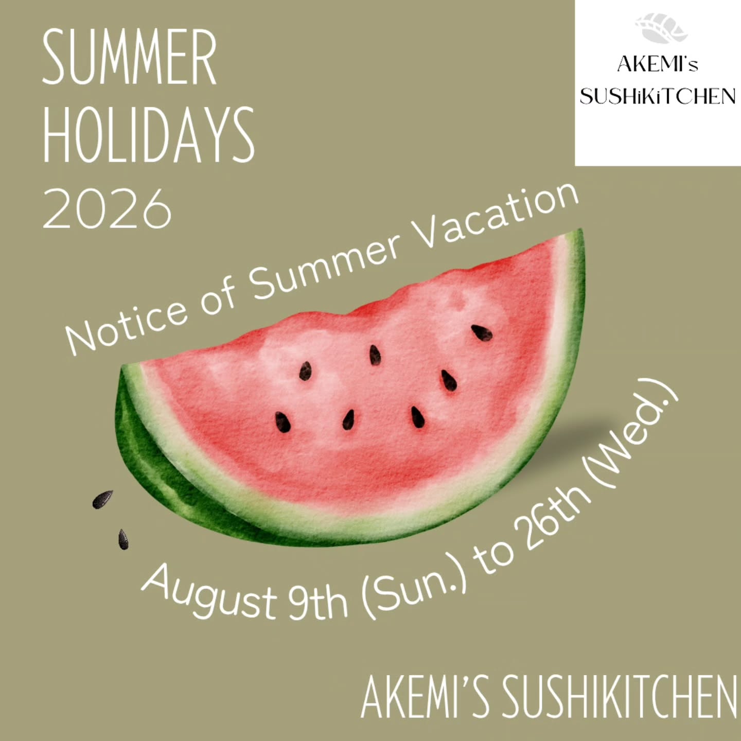 We will be closed for summer vacation
from August 9 (Sun) to 26 (Wed).
We will be open again from August 27 (Thur).
We look forward to seeing you then!
【8月9日(日)-26日(水)】
夏休みとさせていただきます。
8月27日(木)より営業いたします。
皆さまにお会いできるのを楽しみにしております!