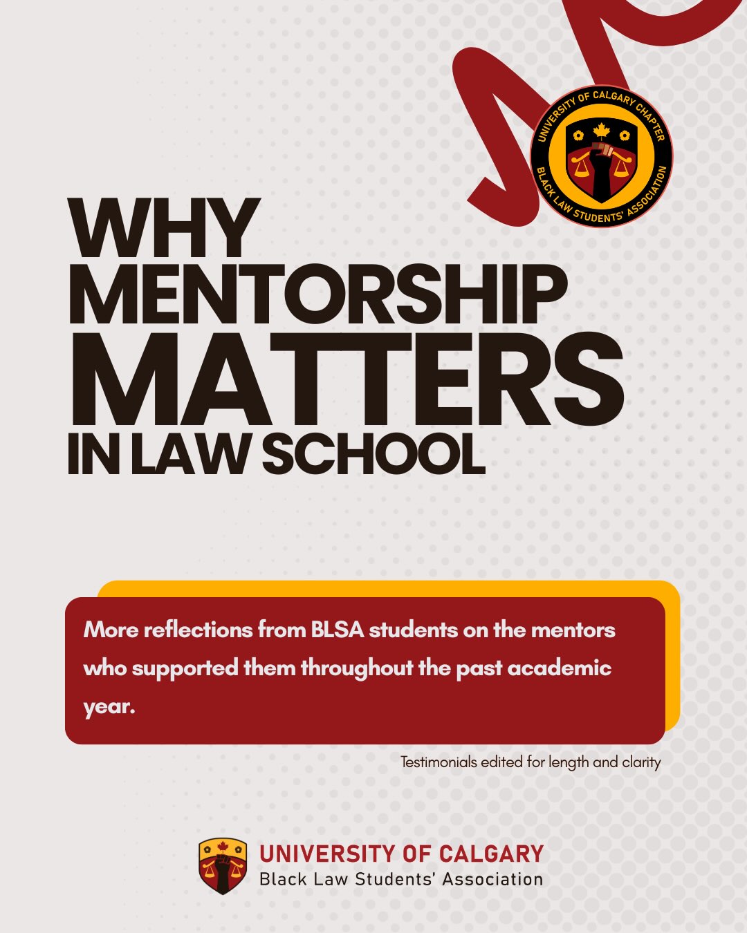 As we look back on the past academic year, we are pleased to share more reflections from students on the impact of mentorship throughout the law school experience.
We would like to thank our 2025–2026 mentors for the time, guidance, and support they shared with our students and for their valuable contributions to our chapter.
#BLSA #blacklawstudentsassociation #ucalgaryblsa #blacklawyers