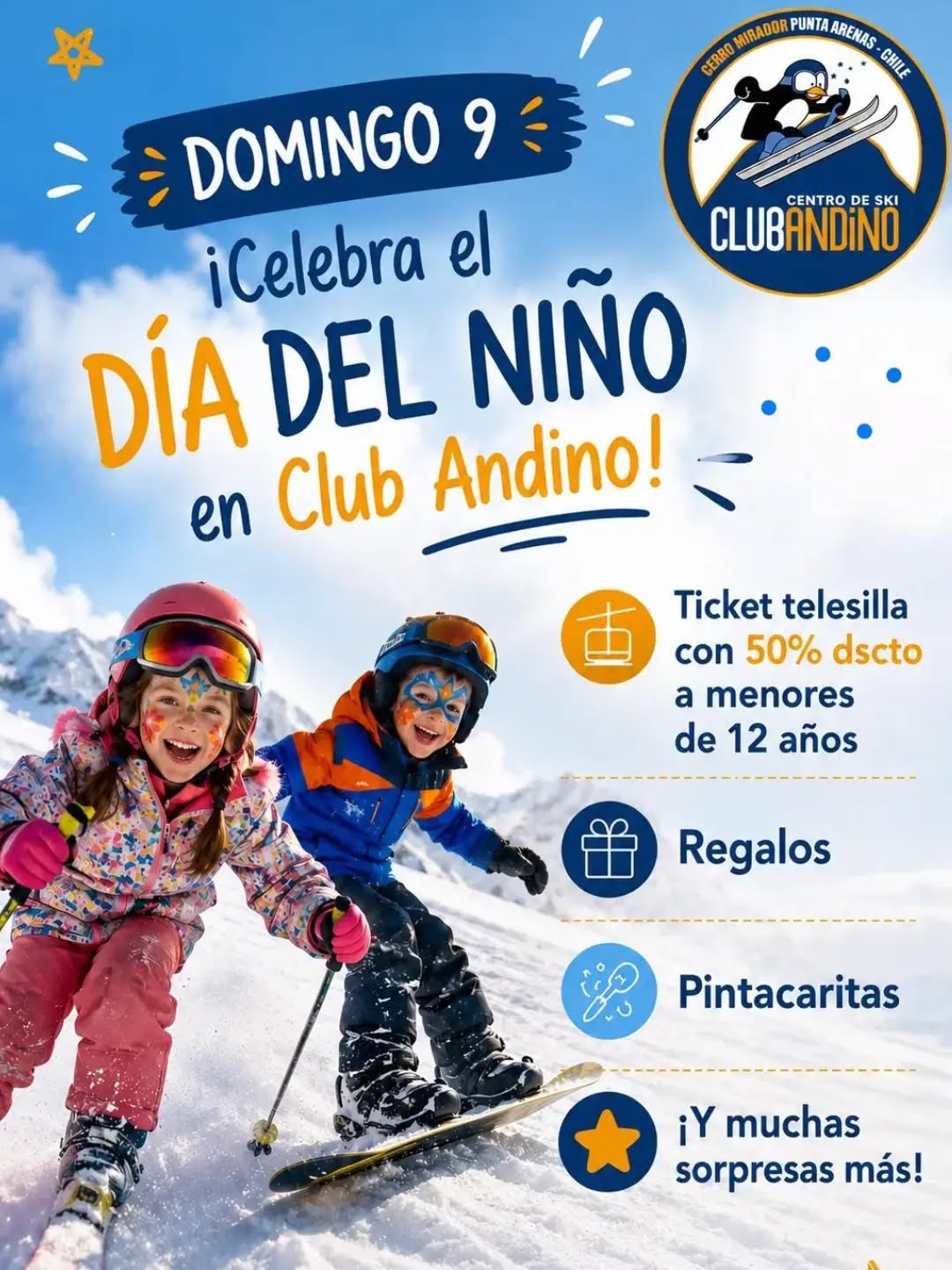 Celebra el #Diadelniño en @clubandinopuq 🐧❄️
Invitamos a toda la comunidad a participar de una jornada llena de diversión y naturaleza en un ambiente ameno y familiar 💙
Tendremos música, descuentos, regalos, pintacaritas, sorpresas y más para los pequeños 🎉
🗓️ Domingo 9 Agosto
📍Cerro Mirador, Club Andino
¡Los esperamos en el cerro ☃️!