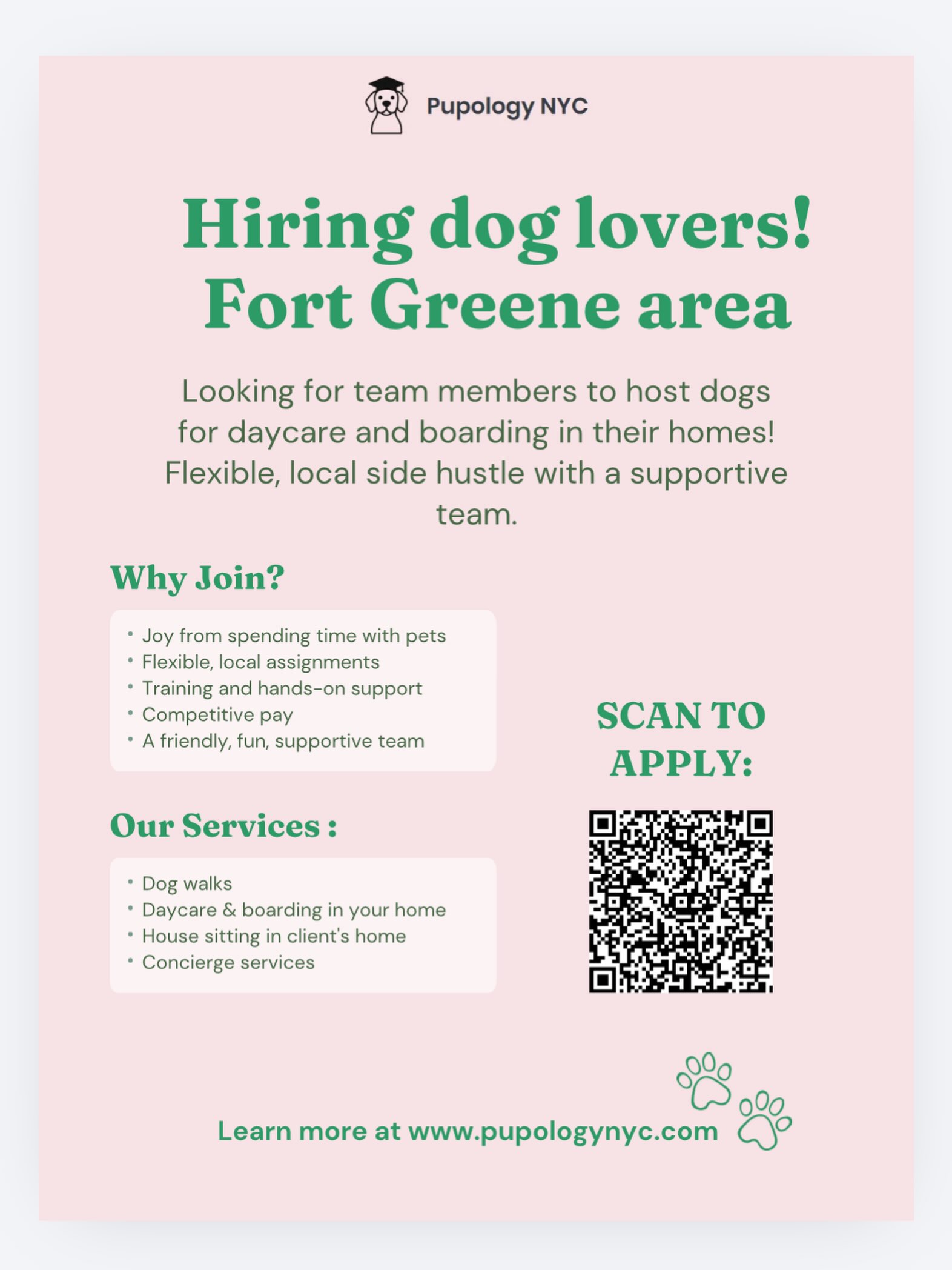 Looking for new members to join our team!! Must live in Fort Greene or nearby and be able to host fuzzy friends in your home for daycare or boarding. Great for those who work from home and want a fun side hustle with a great team!
APPLICATION LINK IN BIO 🐶➡️
#fortgreenepups #fortgreenebrooklyn #hiring #sidehustlesuccess