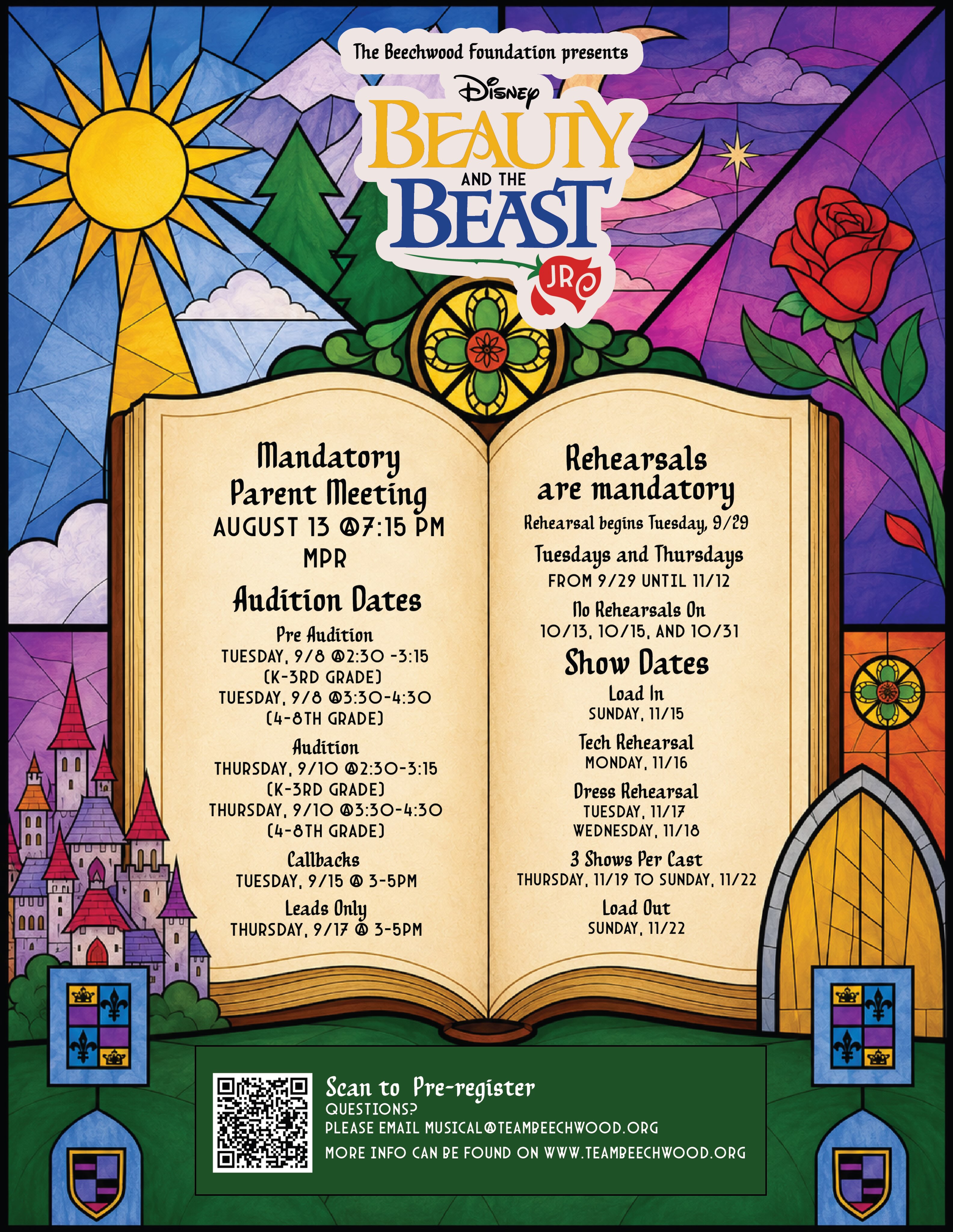 Is your Bobcat interested in being part of the 2026 Fall musical, Beauty and the Beast Jr.? There is a Mandatory meeting on Thursday, 8/13 at 7:15 PM in the MPR following the Elementary Back to School Night. Help us speed up check in by Pre-Register for the meeting by scanning QR code.