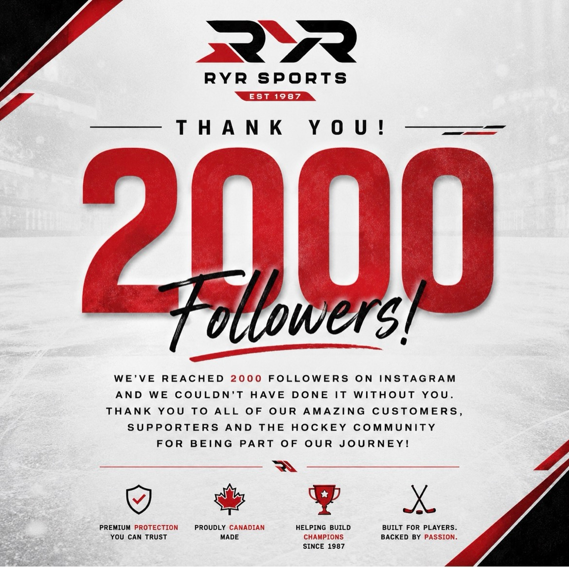 🎉 2,000 Followers! 🎉
What started as a passion for building better hockey gear has grown into an incredible community of players, parents, coaches, teams, and supporters.
For nearly 40 years, your support has helped us continue our mission of helping build champions—both on and off the ice.
Here’s to the next milestone together! 🧊🏒🫶🏻
#RYRSports #HockeyOntario #hockeylife🏒 #HockeyCommunity #CanadianMade
