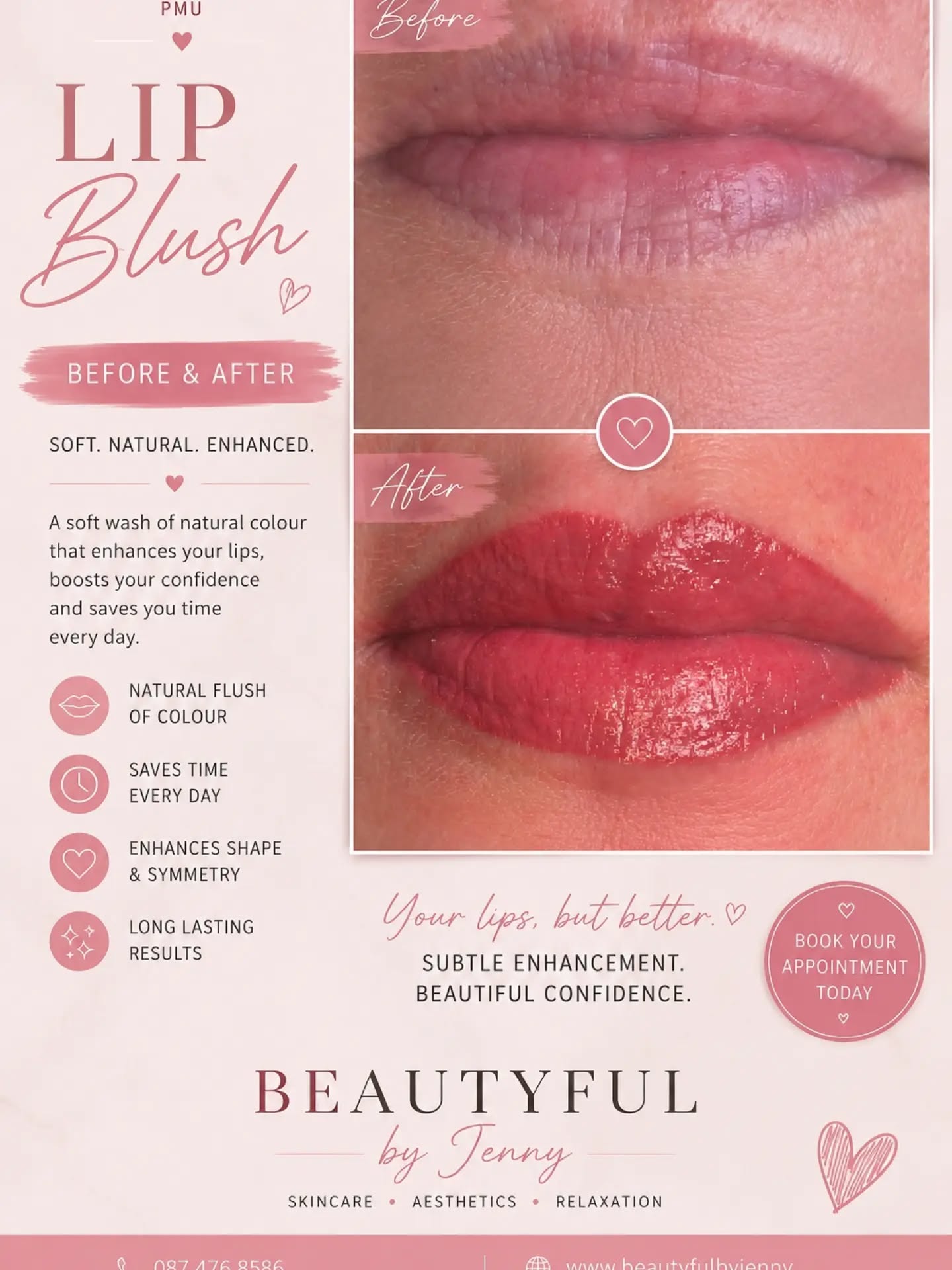 💋 Lip Blush — Freshly Done Today!
Another beautiful Lip Blush transformation at Beautyful by Jenny. 💕
This lovely client came in with naturally pale lips, and we added a soft, rosy flush of colour while enhancing the natural shape and definition.
✨ More colour
✨ More definition
✨ A beautifully enhanced shape
✨ Less need for lipstick every day
This is the freshly treated result — the colour will soften and settle as the lips heal, leaving a softer, more natural finish. 🌸
Would you love to wake up with beautifully tinted lips every morning? 💋
📍 Beautyful by Jenny, Greystones
📞 087 476 8586
📧 beautyfulbyjenny@gmail.com
🌐 www.beautyfulbyjenny
DM me to book your consultation or to find out more. 💗
#LipBlush #LipBlushPMU #SemiPermanentMakeup #PMUIreland #BeautyfulByJenny Greystones WicklowBeauty LipBlushIreland BeforeAndAfter NaturalBeauty PMUArtist