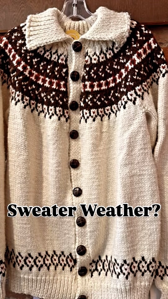 Sweater Weather? 🧊 ☀️
Definitely not with these high 20° days.
But…
The nights are getting a bit cooler and what’s cooler than Argyle?!?
Some new sweaters, cardigans and vest just hit the racks this morning.
Resisting the urge to keep the “Handmade by Mildred” cardigan. It’s so soft. Perfect for nights around the campfire. 🔥