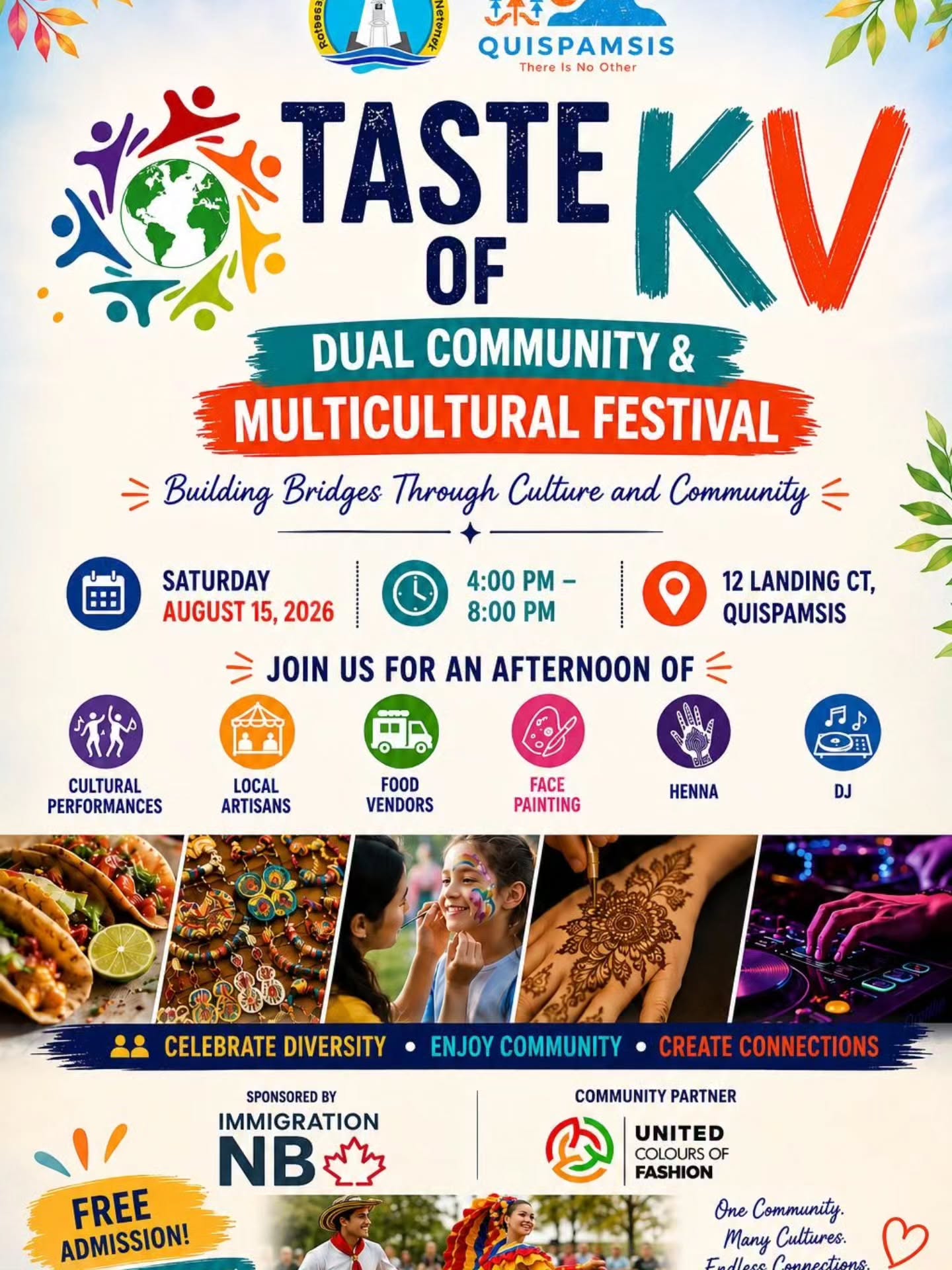 EXCITING NEWS – FIRST TIME IN KV!
We are excited to collaborate with Rothesay-Quispamsis Community Network Inc., in proud partnership with the Town of Quispamsis to bring you a brand-new community experience:
🎉 Dual Community & Multicultural Festival 2026 🎉
Get ready for an unforgettable evening where culture, community, and celebration come together all in one place!
📍 Location: Quispamsis Arts & Culture Park
📌 Address: 12 Landing Ct, Quispamsis, NB
🗓️ Date: August 15, 2026
⏰ Time: 4:00 PM – 8:00 PM
What’s waiting for you:
🍴 Local food vendors
🎨 Arts & crafts marketplace
✨ Henna art
🍦 Ice cream truck
🎶 Live performances
💃Fashion Showcase by UCOF
🎧 DJ & music all evening
🎉 Fun, culture & community vibes
This is more than just an event — it’s a celebration of unity, diversity, and community spirit right here in the Kennebecasis Valley!
Bring your family and friends, and be part of something special for the very first time in KV 💜
#KVEvents #Quispamsis #CommunityFestival #SupportLocal #FamilyFun