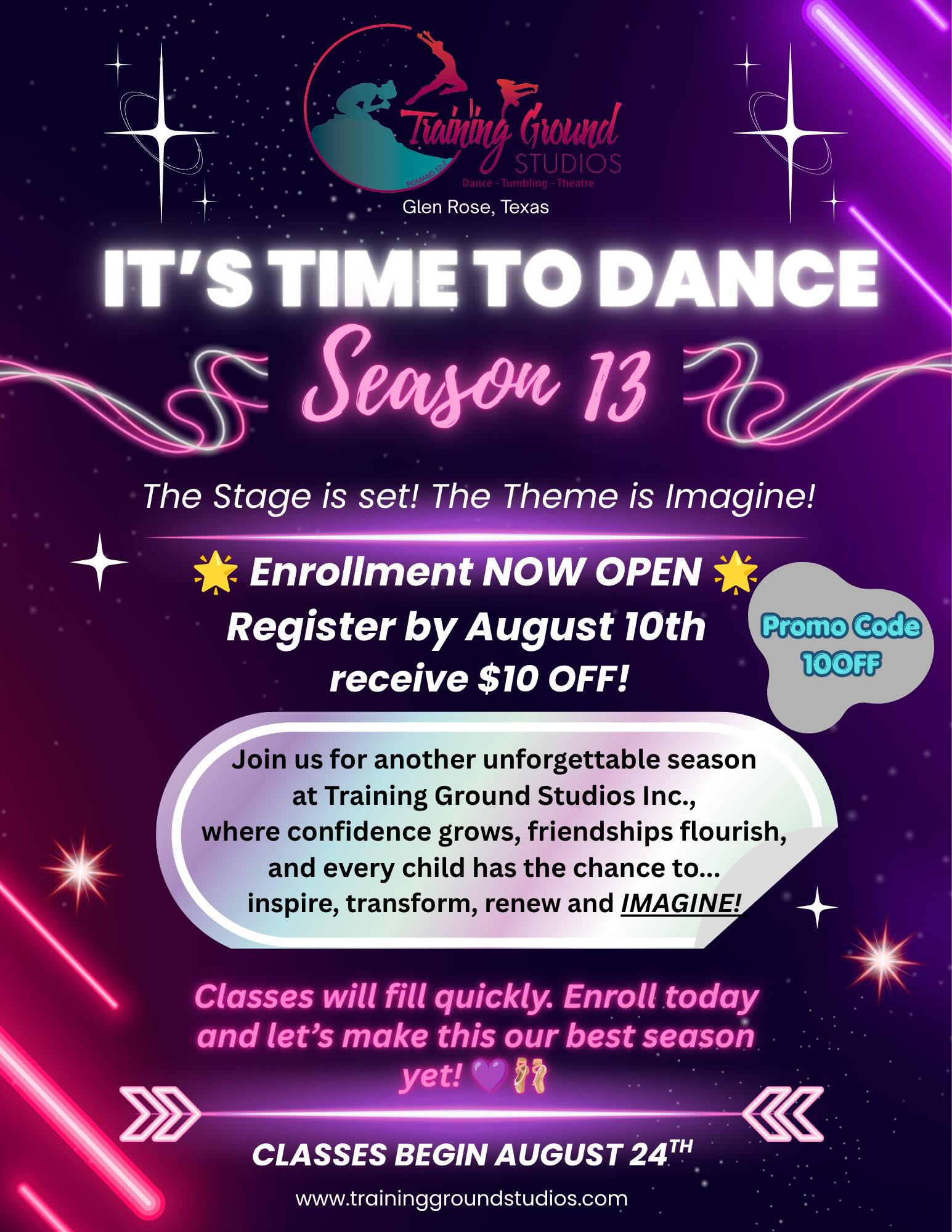 “Exceedingly, Abundantly, MORE than we could ask or IMAGINE!” Ephesians 3:20 TGS is abundantly blessed to roll out our new schedule and new combo classes for Season 13! We would love to have you and your family come experience the difference when performing arts education becomes infused with quality instructors, faith-based values, and endless creativity!! We want to grow with you and inspire each student one step at a time. COME CREATE! COME GROW! COME IMAGINE! Classes begin August 24th and 25th. #tgsseason13 #performingartseducation #singdanceact #inspiretransformrenew #traininggroundstudiosinc