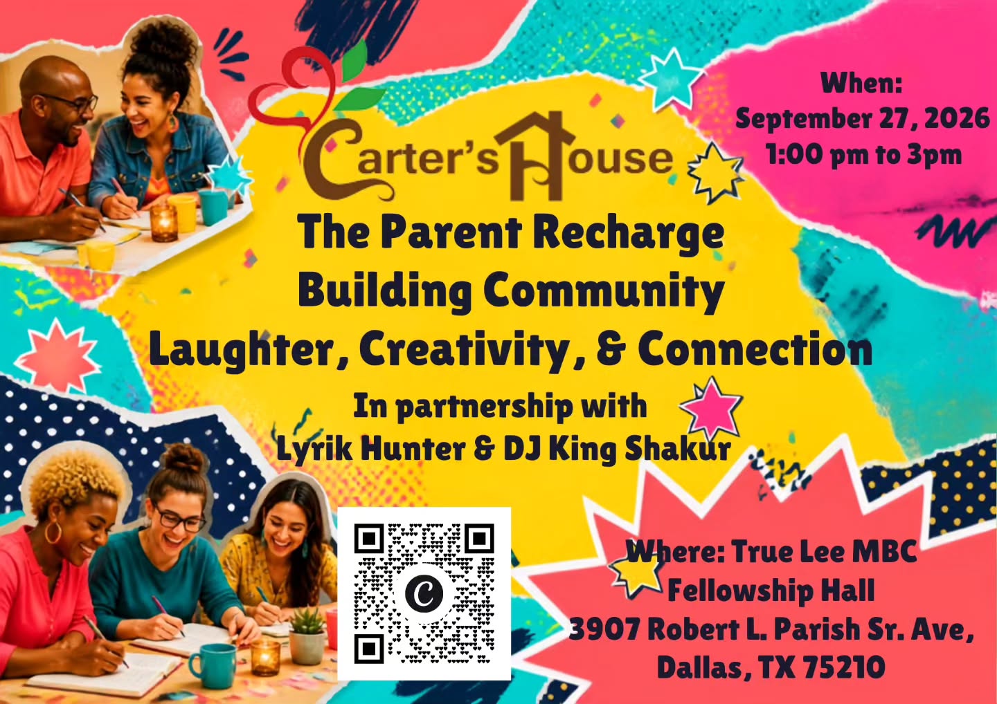 Parents, this one is for you!
Join us for The Parent Recharge: Building Community through Laughter, Creativity, & Connection
Take a well-deserved break and join Carter’s House for The Parent Recharge, an uplifting gathering dedicated to building community through laughter, creativity, and connection! Happening on September 27, 2026, from 1:00 PM to 3:00 PM, this special event is presented in partnership with Lyrik Hunter and DJ King Shakur. This event is open to parents with children of all ages.
Come relax, recharge your spirit, and connect with fellow parents in an inviting, joyful atmosphere. The event will take place at the True Lee MBC Fellowship Hall, located at 3907 Robert L. Parish Sr. Ave., Dallas, TX 75210. We can’t wait to celebrate with you!
Building community with laughter, creativity, & connection.
We hope to see you there! The registration link is in our bio!