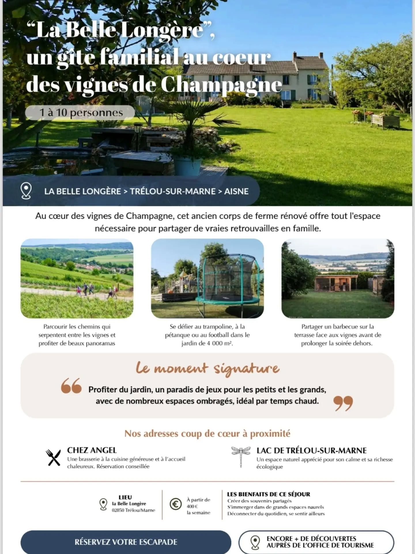 🥰 Quelle joie de découvrir @labellelongere parmi les 14 hébergements sélectionnés par @hdftourisme pour réunir les tribus familiales !
Au milieu de destinations emblématiques des Hauts-de-France, nous sommes fiers de représenter les vignobles de Champagne 🍇🥂
Pour les tribus gourmandes, nous avons recommandé la brasserie conviviale @brasserie_chez_angel_ à Dormans, et pour les voyageurs en quête de nature, nous avons eu à cœur de faire découvrir le lac de notre beau village 🌿
Un immense merci à @hdftourisme pour cette belle mise en lumière et leur confiance ! 🙏🏻
#respirezhautsdefrance #hdftourisme #LaBelleLongère
(Revue de presse, gîte La Belle Longère, meublé de tourisme 3 étoiles au milieu des vignes de Champagne, séjours détente en famille et entre amis, équipement kids friendly, oenotourisme et organisation événements)