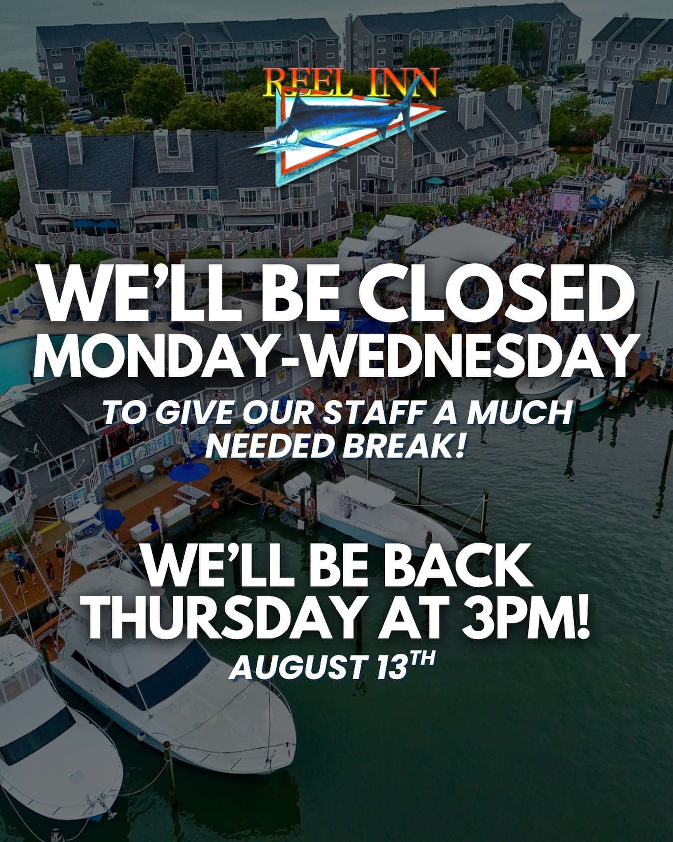 A little reset after a BIG White Marlin Open week! 🎣
Thank you to everyone who spent the week with us at Reel Inn during WMO and to our incredible staff who worked so hard through it all. We’re giving the crew a few well-deserved days to recharge!
We’ll be back Thursday at 3pm! See you then! 🍻