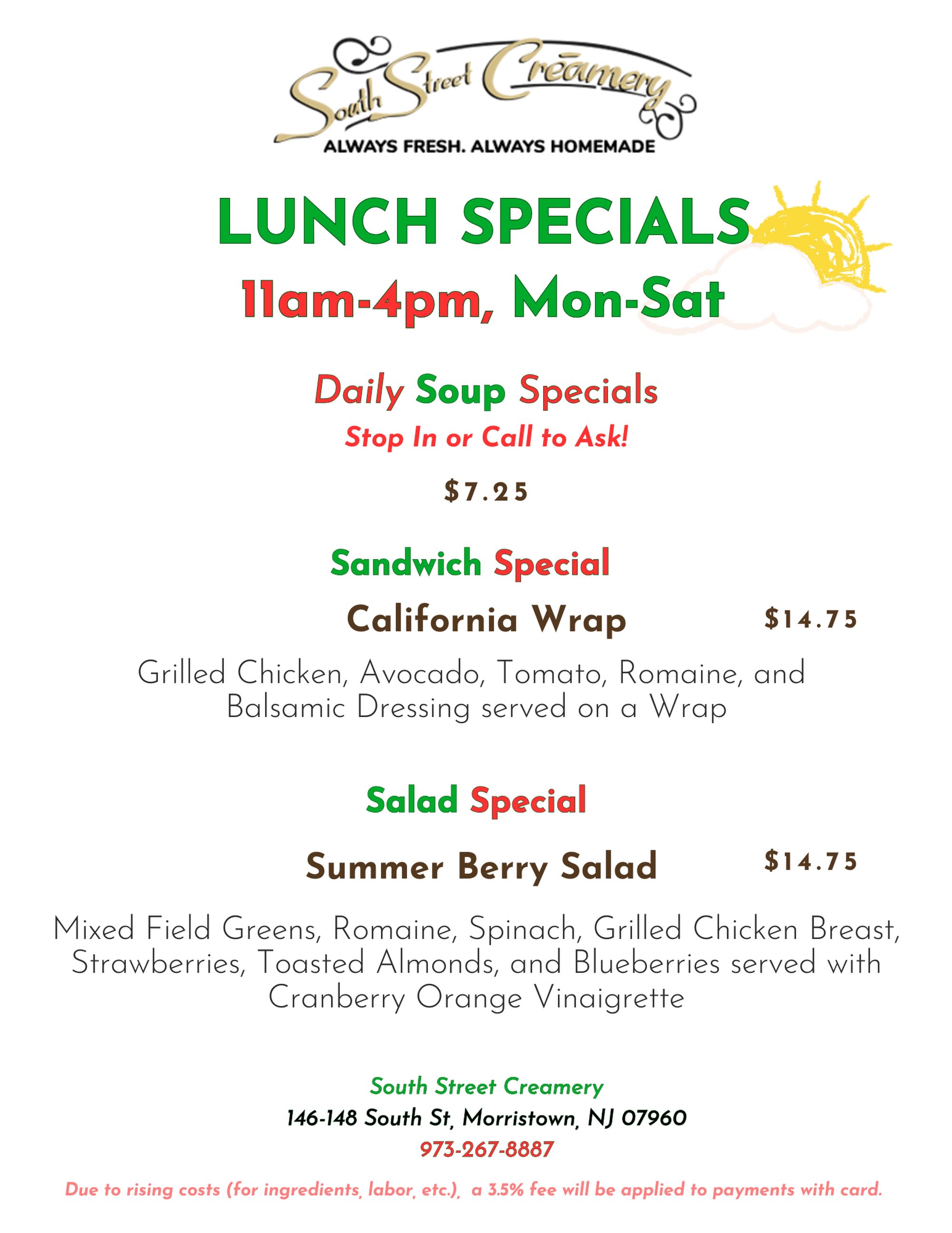 A new week means some new delicious specials! Which one would you rather get?🤔 #southstreetcreamery #lunch #specials #cafe #morristownnj