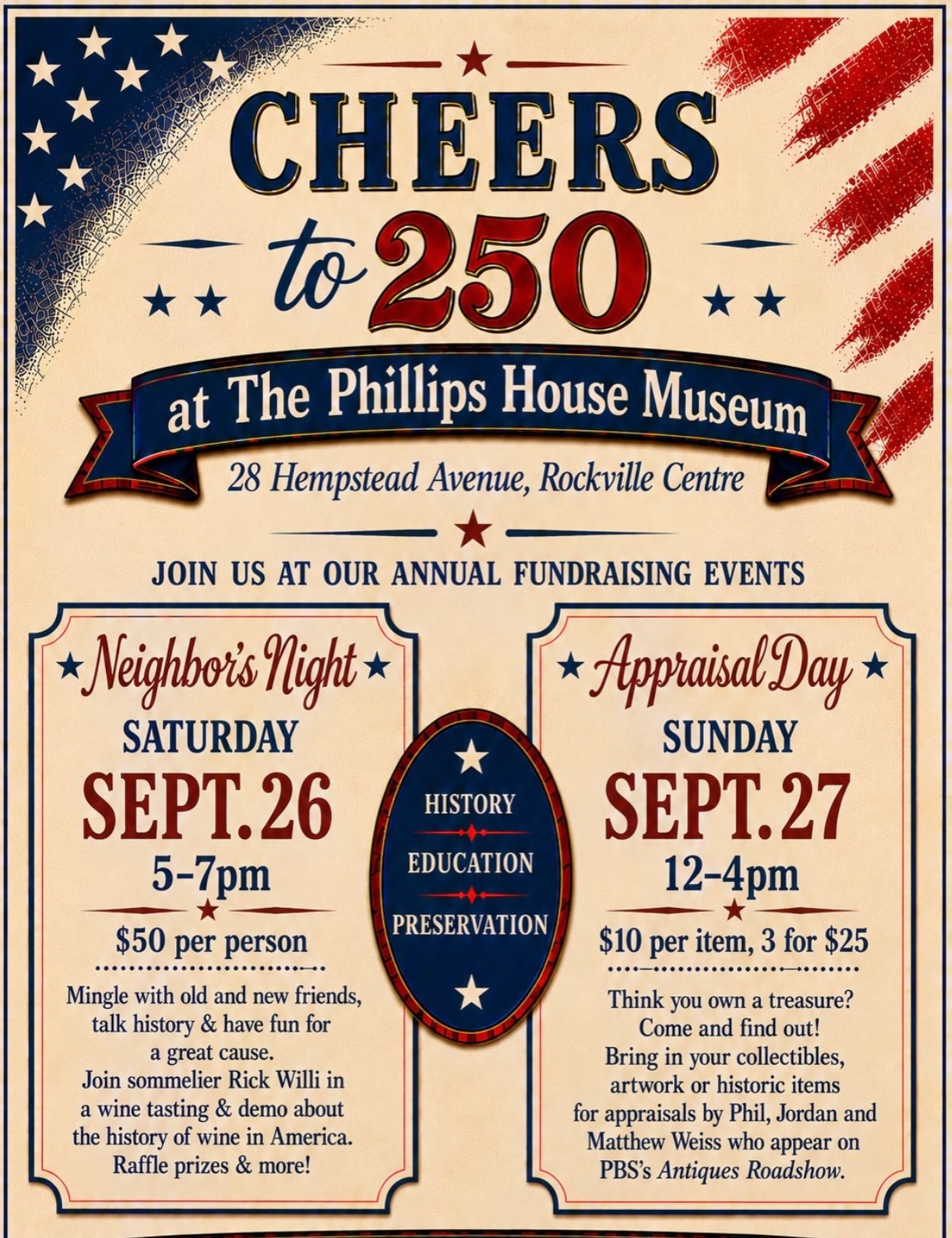 Save the dates for our annual fundraising events! This years’ Neighbors Night will feature sommelier Rick Willi discussing the history of wine in America. And start looking in the attic for those family relics that might be worth something and bring to our annual appraisal day. #rvc #rvchistoricalsociety