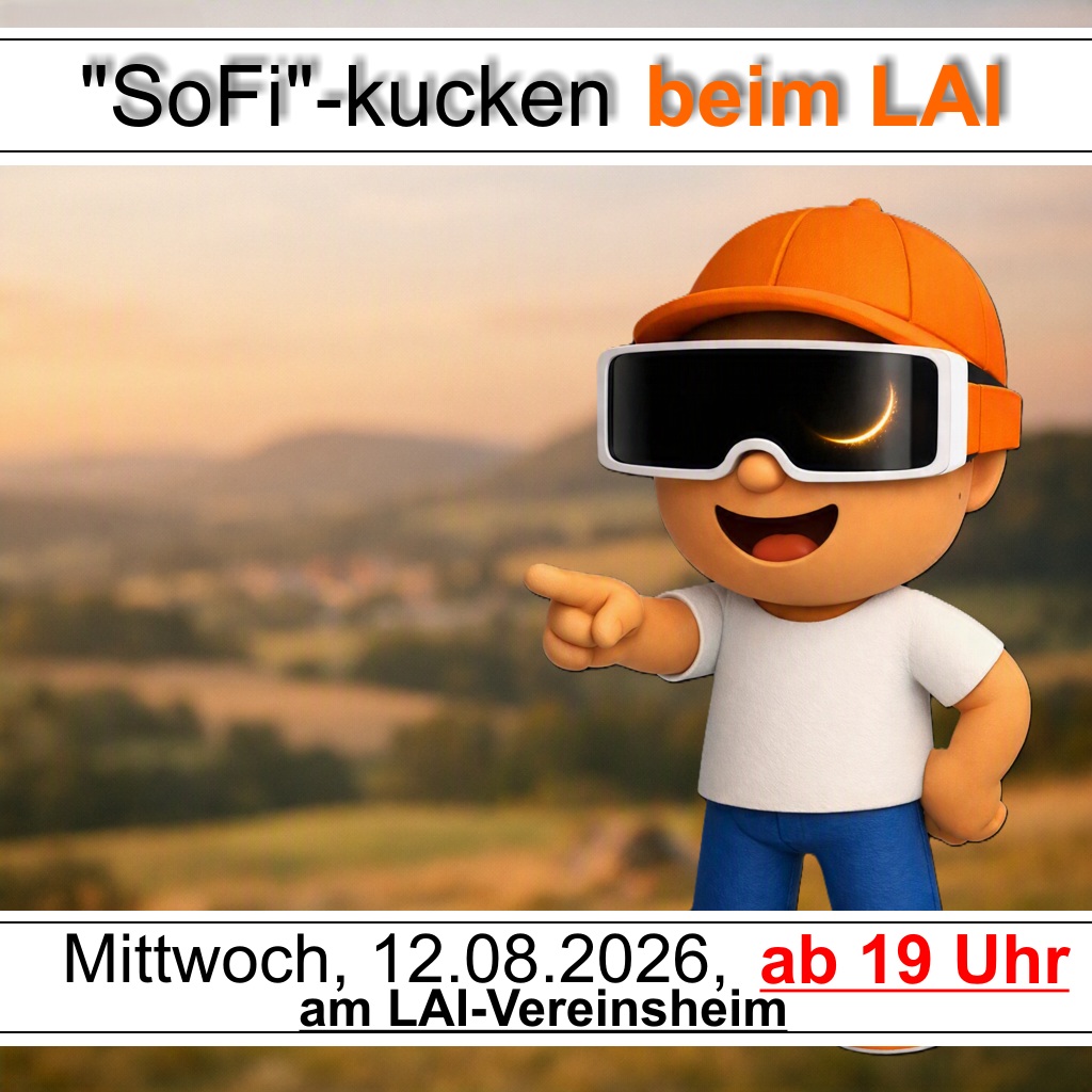 LAI lädt herzlich zum "SoFi-kucken" am LAI-Vereinsheim ein.
Die partielle Sonnenfinsternis beginnt um 19:20 Uhr und erreicht ihren Höhepunkt mit einer ca. 88-90 prozentigen Überlagerung gegen 20:10 Uhr. Noch während der Sonnenfinsternis wird sie Sonne dann hinter #Laichingen untergehen.
Das Vereinsheim wird bereits um 19:00 Uhr geöffnet. Spezielle, zertifizierte Sonnenfinsternis-Brillen sind in ausreichender Anzahl vorhanden. Ebenso gibt es Vorsatzfilter für Handys, sodass die Sonnenfinsternis auch fotografiert werden kann. #sonnenfinsternis #albdonaukreis