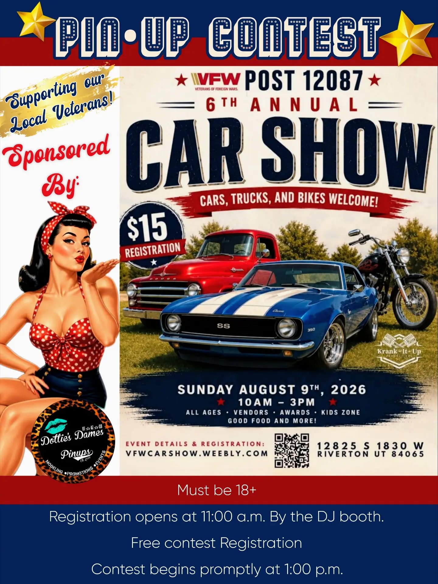 Come out THIS SUNDAY and join us in supporting our local veterans ,VFW Post 12087! 🇺🇸
Spend the day checking out some gorgeous cars, cheering on some fabulous pinups, and supporting an incredible cause.
💋 PIN-UP CONTEST INFO:
✨ Registration is FREE!
✨ Contestants must be 18+
✨ Registration opens at 11:00 AM near the DJ booth
✨ Contest begins PROMPTLY at 1:00 PM
🎙️ Hosted by fabulous Dames Dottie Deuce & Lavender Lily of @dames.nation.podcast! 💋
Bring your best family friendly pinup look, your confidence, and come have some fun while showing some love to our local veterans! 🇺🇸
See you Sunday!