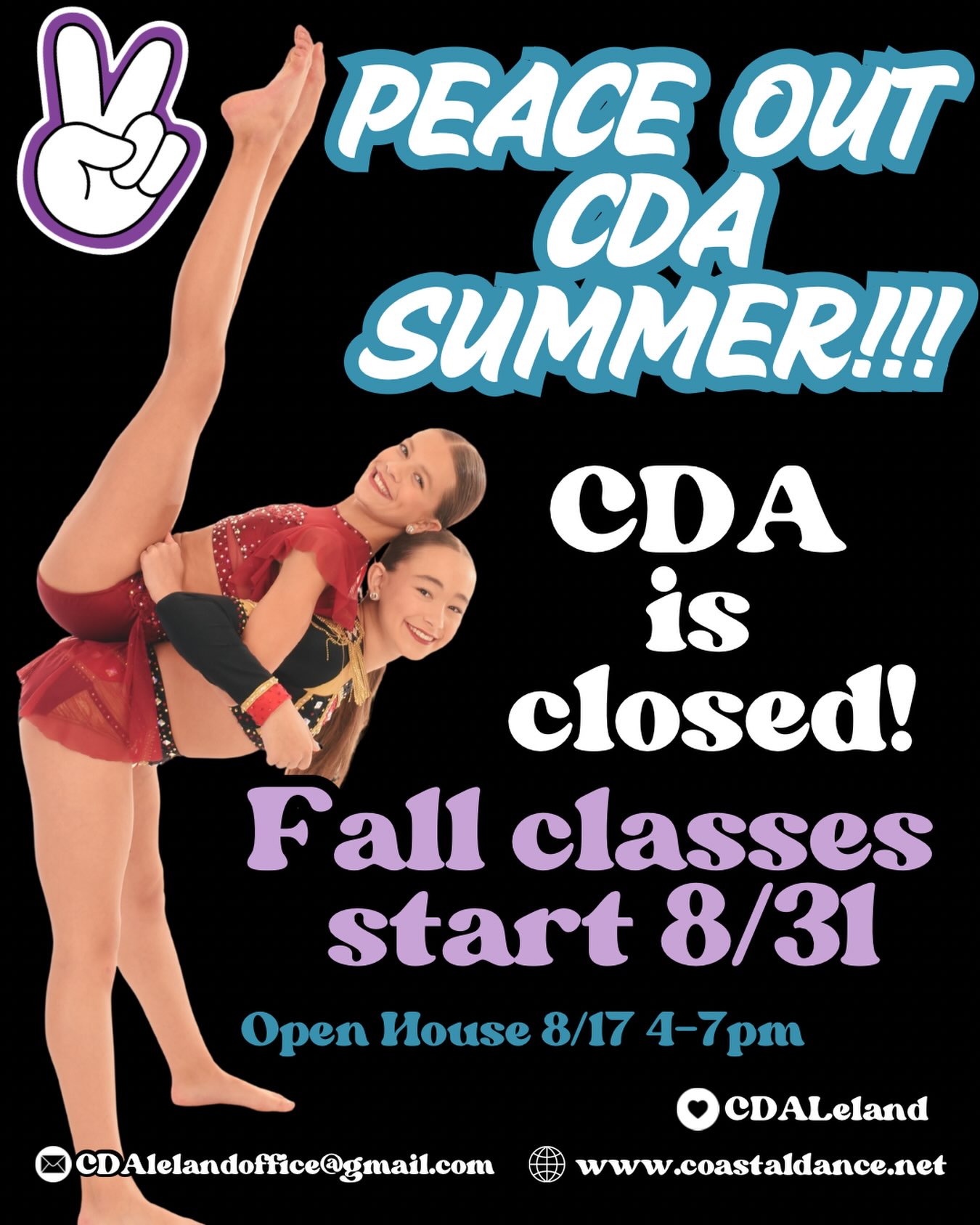 PEACE OUT SUMMER! ✌🏼 We had so much fun!
Classes start back 8/31!!
Come visit us at open house on 8/17!!
Need to contact us? Email us!