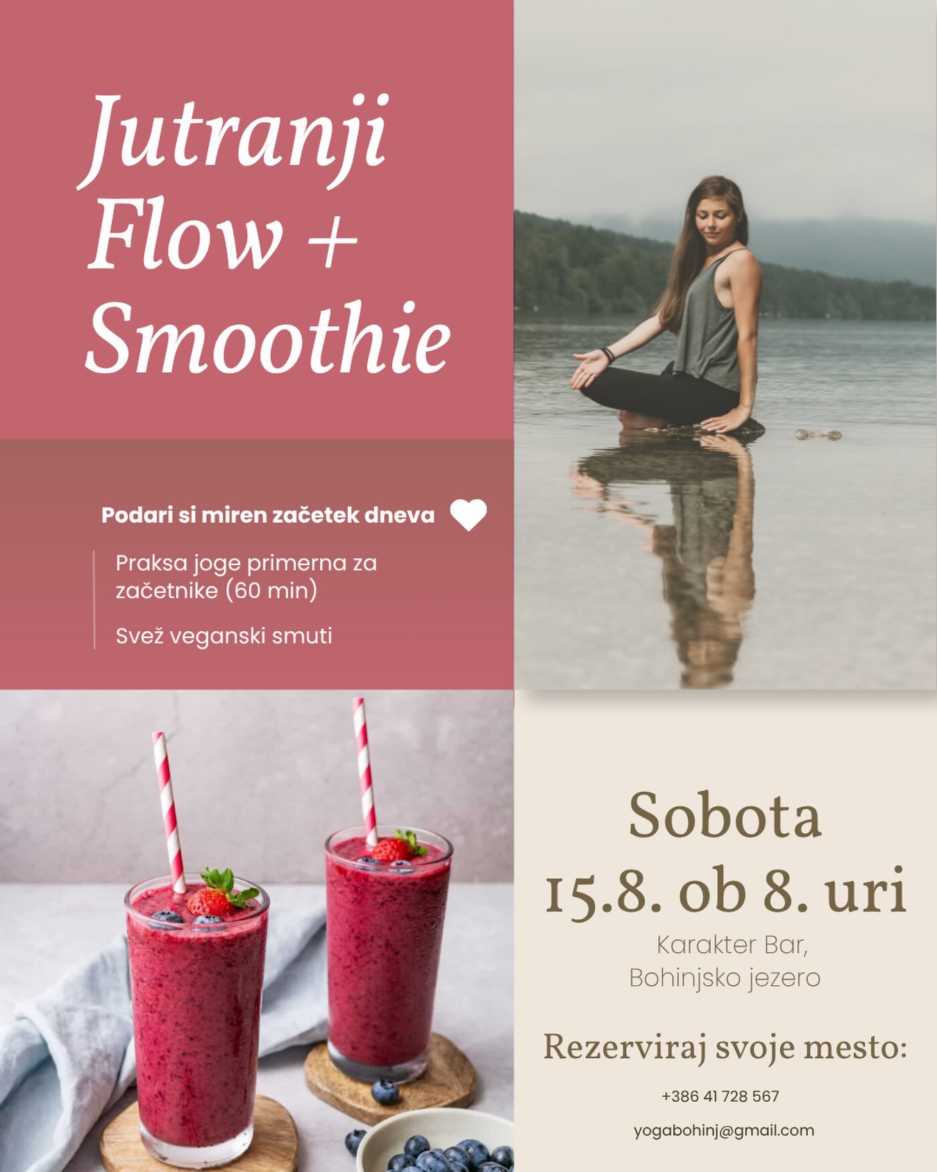 Po jutru se dan pozna 😉. Evo. En mini event za vse, ki radi prisotno vstopite v dan.
Jutranji joga flow + Smoothie🍹🧘♀️
Skozi gibanje in dih bomo prebudili telo, po vadbi pa se bomo osvežili z okusnim veganskim smoothijem. 💚
✨ Kaj te čaka?
60-minutna vodena vadba joge
Sveže pripravljen veganski smoothie
Čudoviti razgledi
Prijetno druženje in sproščeno vzdušje
📅 Sobota, 15. 8.
🕗 Ob 8.00
📍 Karakter Bar
✨Prispevek: 18 eur
Število mest je omejeno, zato si svoje mesto rezerviraj čim prej. Sporoči, če potrebuješ joga podlogo.
📩 Prijave:
✉️ yogabohinj@gmail.com