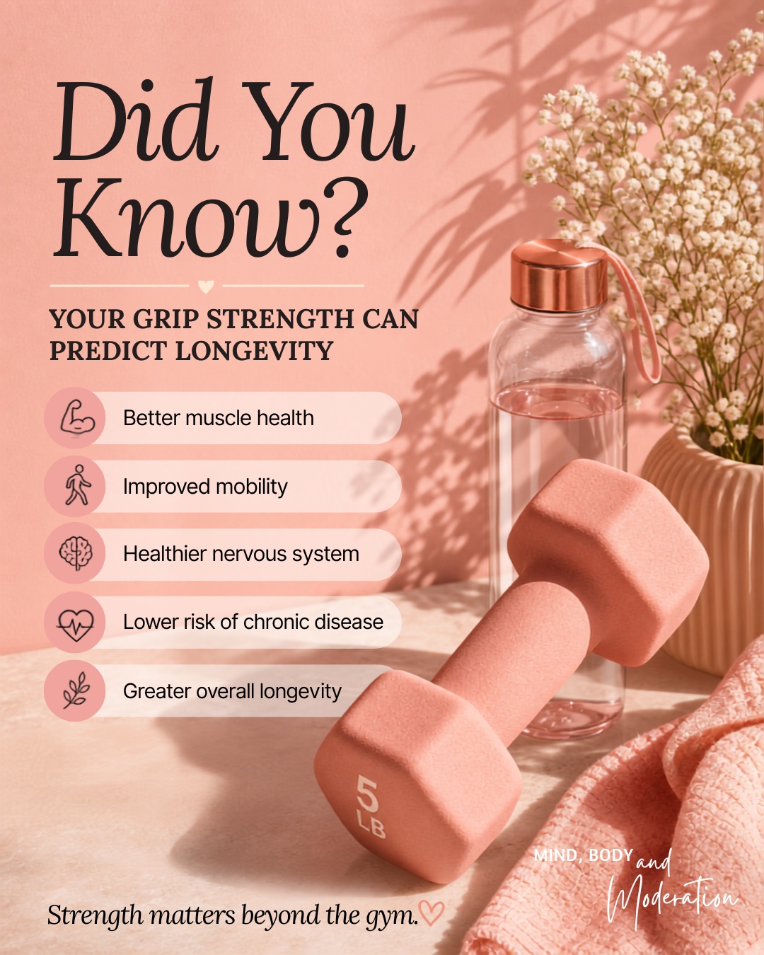 Did you know your grip strength is considered one of the simplest indicators of overall health and longevity?
Research has found that people with weaker grip strength have a higher risk of health complications and mortality compared to those with stronger grip strength. While squeezing a hand gripper won't guarantee a longer life, improving your grip is often part of building better overall strength.
Grip strength reflects much more than hand muscles. It can provide insight into muscle quality, mobility, nervous system function, inflammation, and overall physical fitness. Stronger muscles help support balance, reduce fall risk, and make everyday activities easier as we age.
The good news is grip strength can be improved with regular strength training, carrying groceries, resistance exercises, and simple grip training tools.
If you're looking for an easy way to strengthen your grip at home, check out this adjustable hand grip strengthener:
https://amzn.to/49SbyPJ
Save this post as a reminder that healthy aging starts with building strength, and follow for more practical wellness tips for women over 40.
#HealthyAging #GripStrength #WomenOver40