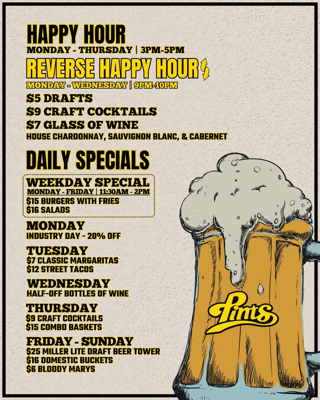 Why wait for the weekend? We've got something special every day. 🤩 From Happy Hour to our NEW weekday lunch specials, there's always a reason to stop by. 🍻
Reservations: www.pintselmhurst.com
#HappyHour #ReverseHappyHour #DailySpecials #PintsHappyHour #ElmhurstHappyHour #HappyHourDeals #DrinkSpecials #LocalHappyHour #CocktailTime #SocialSips