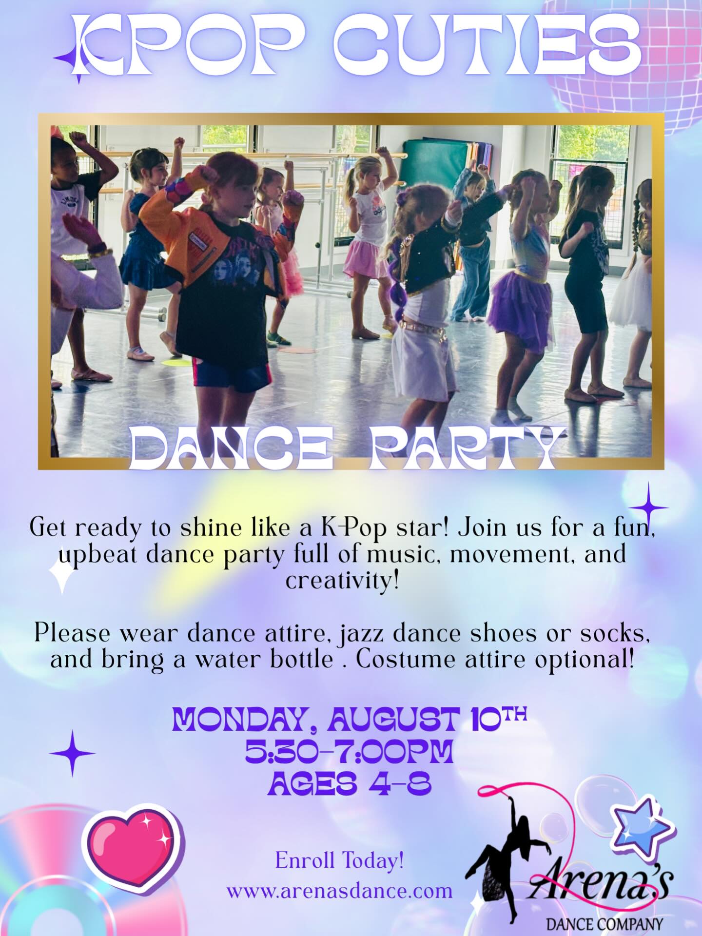 Get ready to shine like gold! Join us for our K-Pop Cuties dance party this Monday, August 10th! Sign up today! arenasdance.com ✨🩷💥