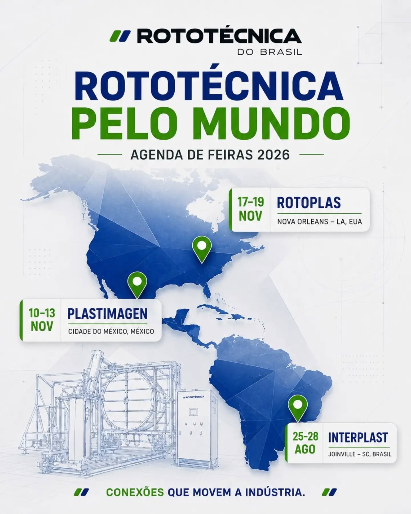 De Maravilha para o mundo. 🌎
Em 2026, a Rototécnica do Brasil estará presente em três importantes feiras da indústria do plástico e da rotomoldagem:
📍 Interplast
25 a 28 de agosto — Joinville, Brasil
📍 Plastimagen
10 a 13 de novembro — Cidade do México, México
📍 Rotoplas
17 a 19 de novembro — Nova Orleans, Estados Unidos
Cada destino representa uma oportunidade de acompanhar as transformações do mercado, fortalecer parcerias e apresentar nossa tecnologia em máquinas de rotomoldagem e vacuum forming.
Você estará em alguma dessas feiras? Entre em contato com nossa equipe e agende um encontro durante o evento.
Rototécnica do Brasil — conexões que movem a indústria.
#Rotomoldagem #Rotomolding #rototecnica #rotomoldeo