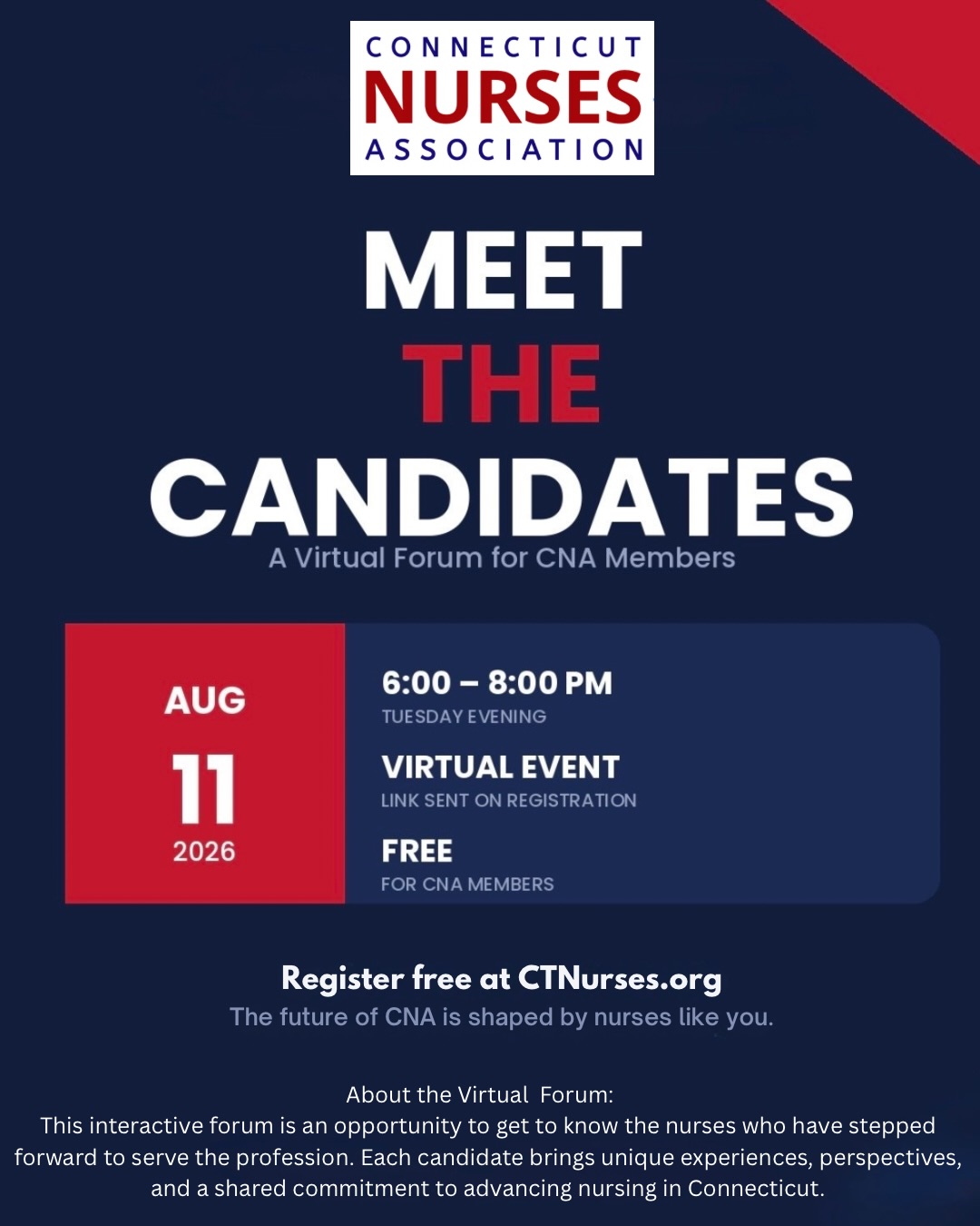 Meet the nurses shaping the future of your Association. 🗳️
Join us Tuesday, August 11 | 6–8 PM | Virtual for Meet the Candidates — an interactive forum where you’ll hear directly from each candidate: why they’re running, the experience they bring, and their vision for CNA.
This is your Association. Your vote decides who leads it.
📅 Ballots open Aug 18
📅 Ballots close Sept 22
Free for members. Link in bio to register — we hope to see you there.
#CTNurses #CTNursesAssociation #NursesVote #NurseLeadership #meetthecandidates