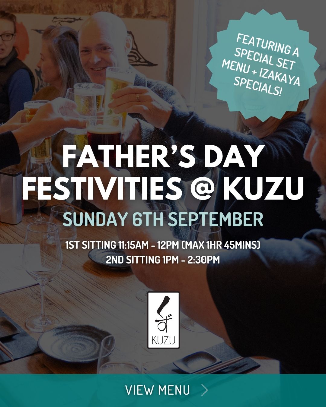 Father's Day at Kuzu! A special set menu for the whole family, Izakaya oyster specials, drink specials, dessert specials and a takeaway option for those celebrating at home. Swipe for the full menu, kids menu and specials.
Can't make it in? The Father's Day Fun Pack ($165) feeds two adults and two kids, pick-up at 11:15am or 1:45pm, pre-order via website only. Dietary requirements can't be catered for on the fun pack; call us to discuss.
Reserve via our website.
Please note:
– Dietary requirements must be advised at booking (cannot cater if advised on the day)
– 10% Sunday surcharge applies to all items purchased on the day
– Outside bookings open 1 week prior (weather dependent)