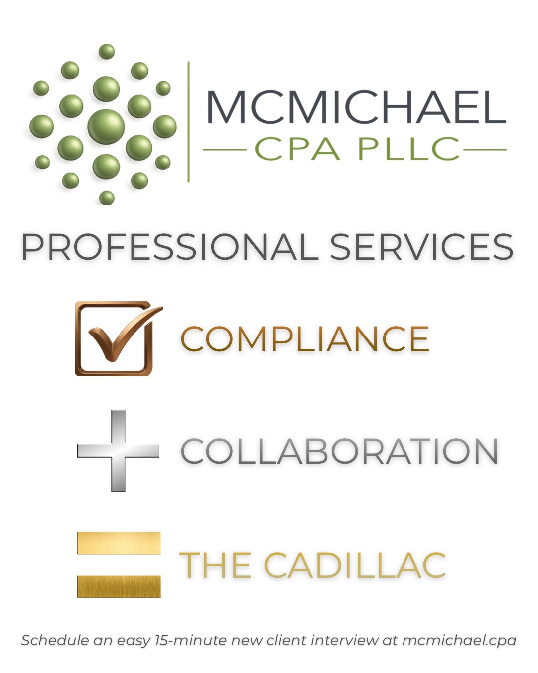 McMichael CPA offers 3 tiers of professional services so you can choose exactly the level of support you need.
✔️ COMPLIANCE — IRS returns, state income returns, and Texas Franchise returns, filed correctly and on time.
➕ COLLABORATION — Compliance plus year-round support to identify and coordinate tax-savings opportunities.
🟰 THE CADILLAC — Compliance plus Collaboration plus year-round accounting and payroll support for business owners.
Ready to get started? Schedule an easy 15-minute new client interview at mcmichael.cpa 🔗