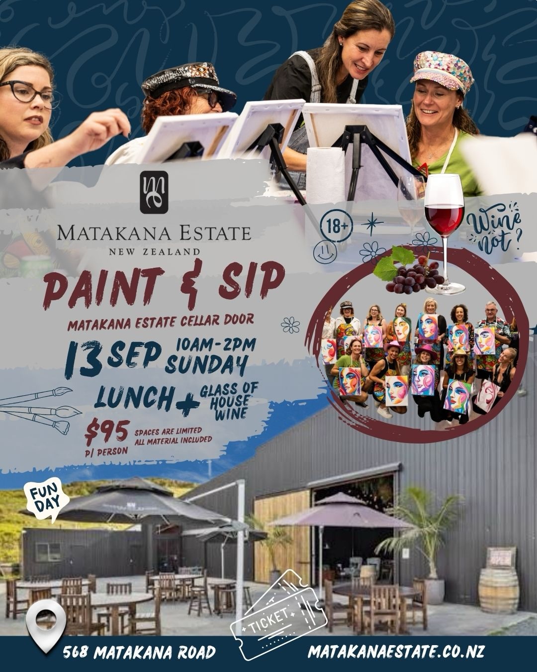 I’d love to invite you to spend a beautiful Sunday morning painting with me at the stunning Matakana Estate Cellar Door.
Matakana is a beautiful area, surrounded by native birds and vineyards. It’s definitely a place to slow down, enjoy the day, share a glass of wine with a friend, meet new people, and let your creativity flow. Whether you’ve painted before or you’re picking up a brush for the very first time, this workshop is all about having fun, relaxing, and creating something that makes you smile.
I’ll guide you step by step through the painting, sharing my colourful techniques and helping you create a piece that’s completely your own. By the end of the day, your cheeks will be sore from all the laughing, and your soul will feel free—I promise! Everyone knows how much I love Paint, Party & Paint, and I want you to be part of it!
Everything you need is included, along with a delicious lunch and a glass of Matakana Estate house wine. Just bring your full energy.
If this sounds like your kind of Sunday, I’d absolutely love to paint with you.
Spaces are limited, so don’t leave it too long to book.
I can’t wait to welcome you!
See you soon,
Get your ticket at “what’s on”: matakanaestate.co.nz
#paint #winenot #funday