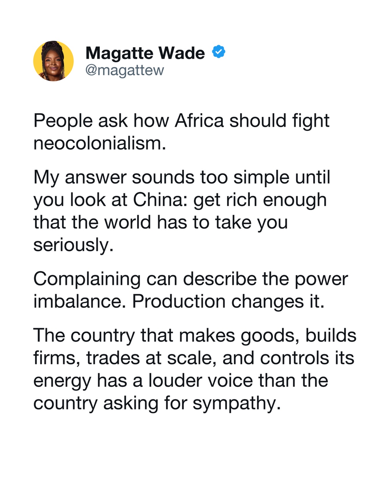 Why can some countries protect their interests while others get pushed around?
It’s simple: some countries have the power to say NO.
⠀
When people talk about neocolonialism in Africa, I always say this:
W are neocolonized because we are poor. We are not poor because of neocolonialism.
⠀
Very different.
As long as we remain poor, the rest of the world will help themselves.
