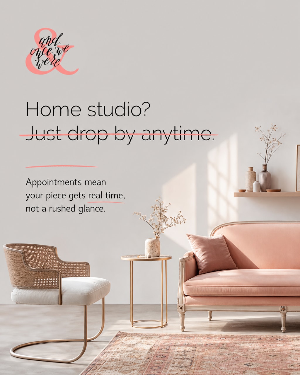 A workshop at home must mean you can swing by whenever, chair in the trunk, hoping for a quick answer.
We understand the thought. Things just work a little differently here at 5359 King Street.
The studio is open by appointment only. And there's a good reason for that.
When you book a visit, time is set aside just for your piece. Time to really look at it, to run a hand over the worn spots and the good bones underneath. Time to talk through fabrics, to think about where this piece has been and where it's headed next.
Estimates take time here. They often involve a bit of research, so we don't give them on the spot. A rushed glance in a doorway can't tell your piece's story. A proper conversation can.
So the best first step is simple. Send us the details through the contact form, tell us about your piece, and we'll set aside the time it deserves.
Your furniture waited this long. It's worth doing right. 🌿