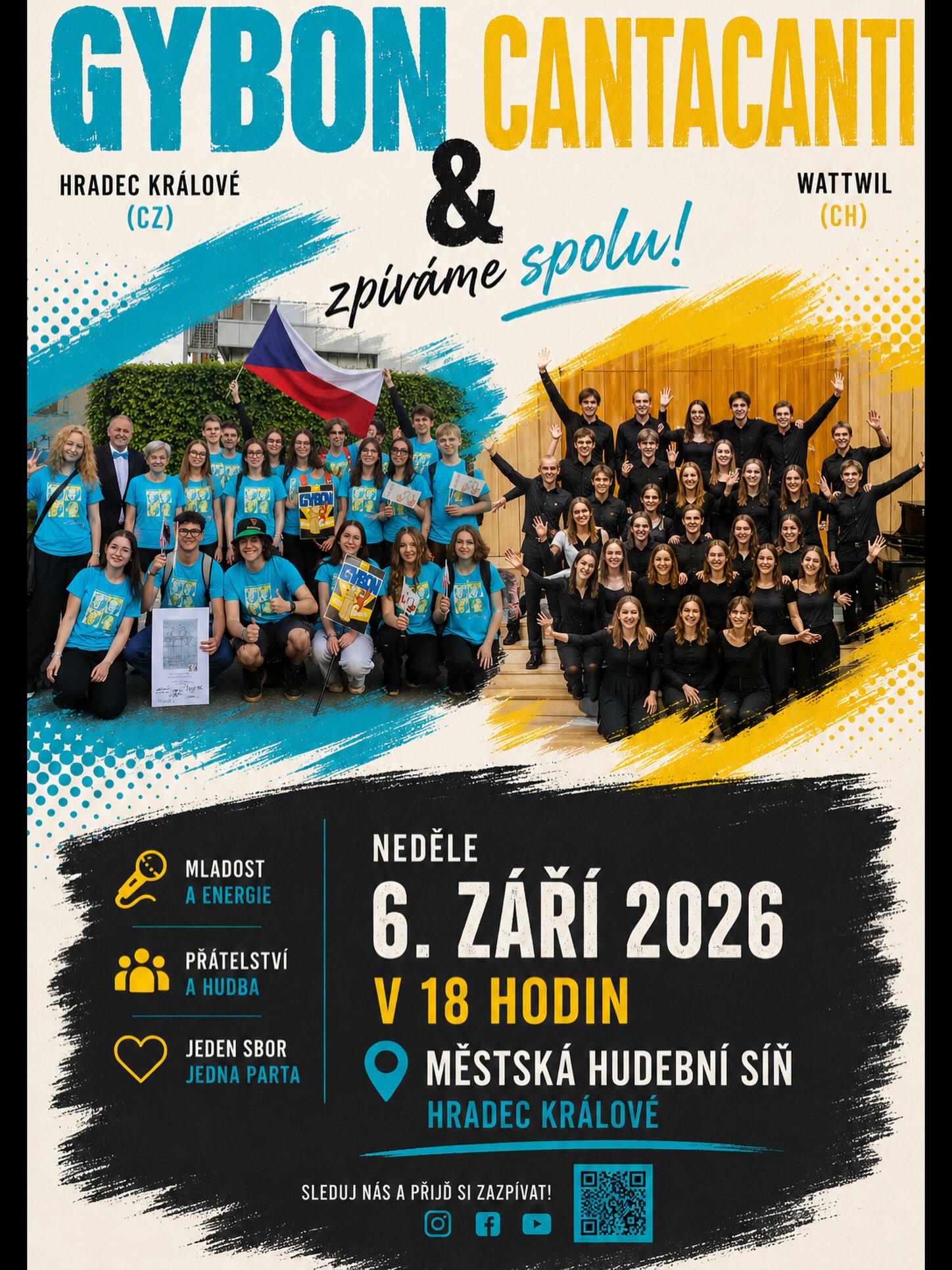 Zveme Vás na společný koncert sborů GYBON a CANTANTI. Přijďte si zazpívat 6. 9. 2026 od 18 hodin do Městské hudební síně.