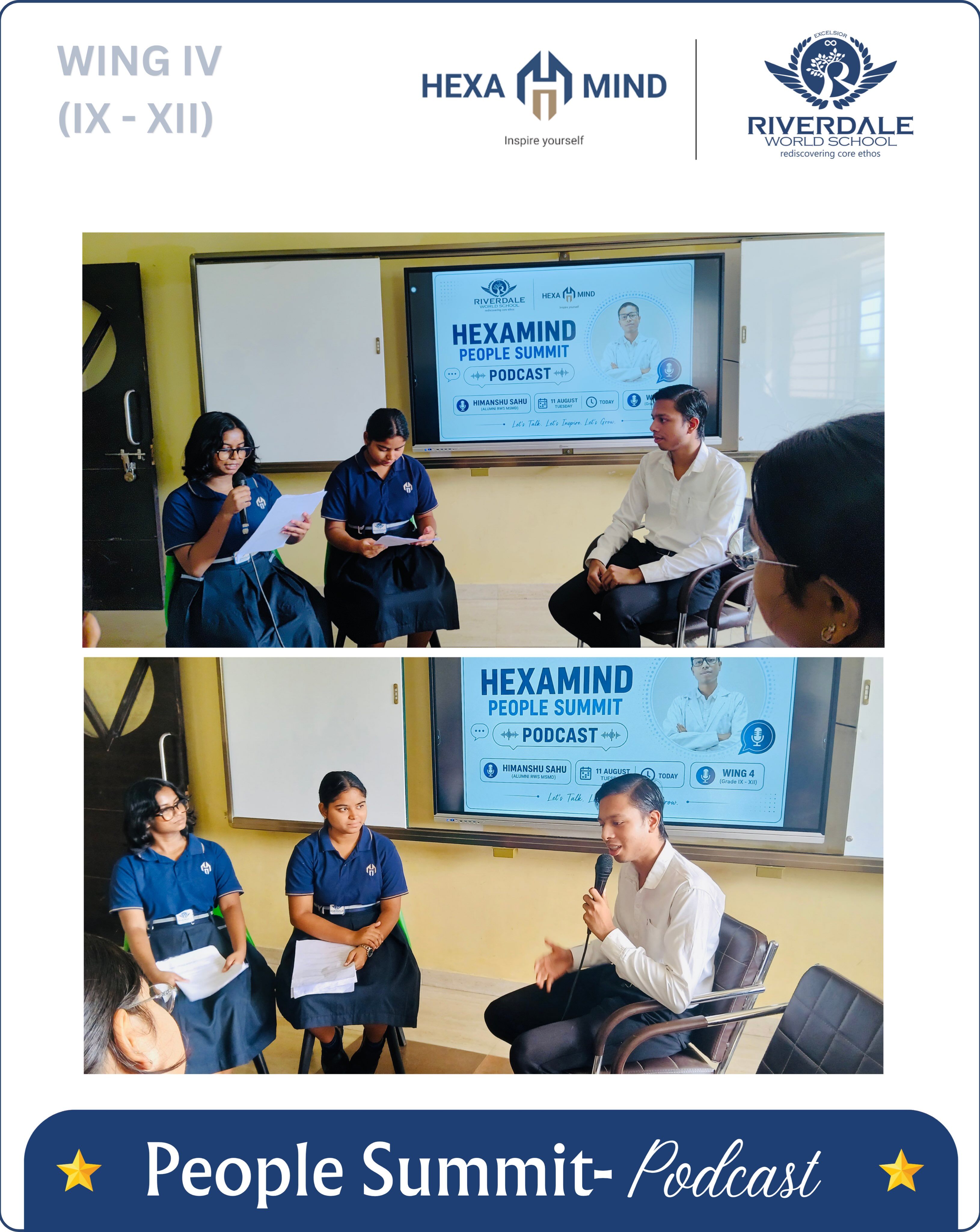 Inspiring conversations, meaningful journeys! 🎙️✨
The HEXAMIND People Summit Podcast featured RWS alumni Mr. Himanshu Sahu, who shared valuable experiences and insights, inspiring students to dream big and pursue their goals with confidence. 🌟
#HexamindPeopleSummit #RWSMahasamund #AlumniConnect #StudentInspiration #DreamBig