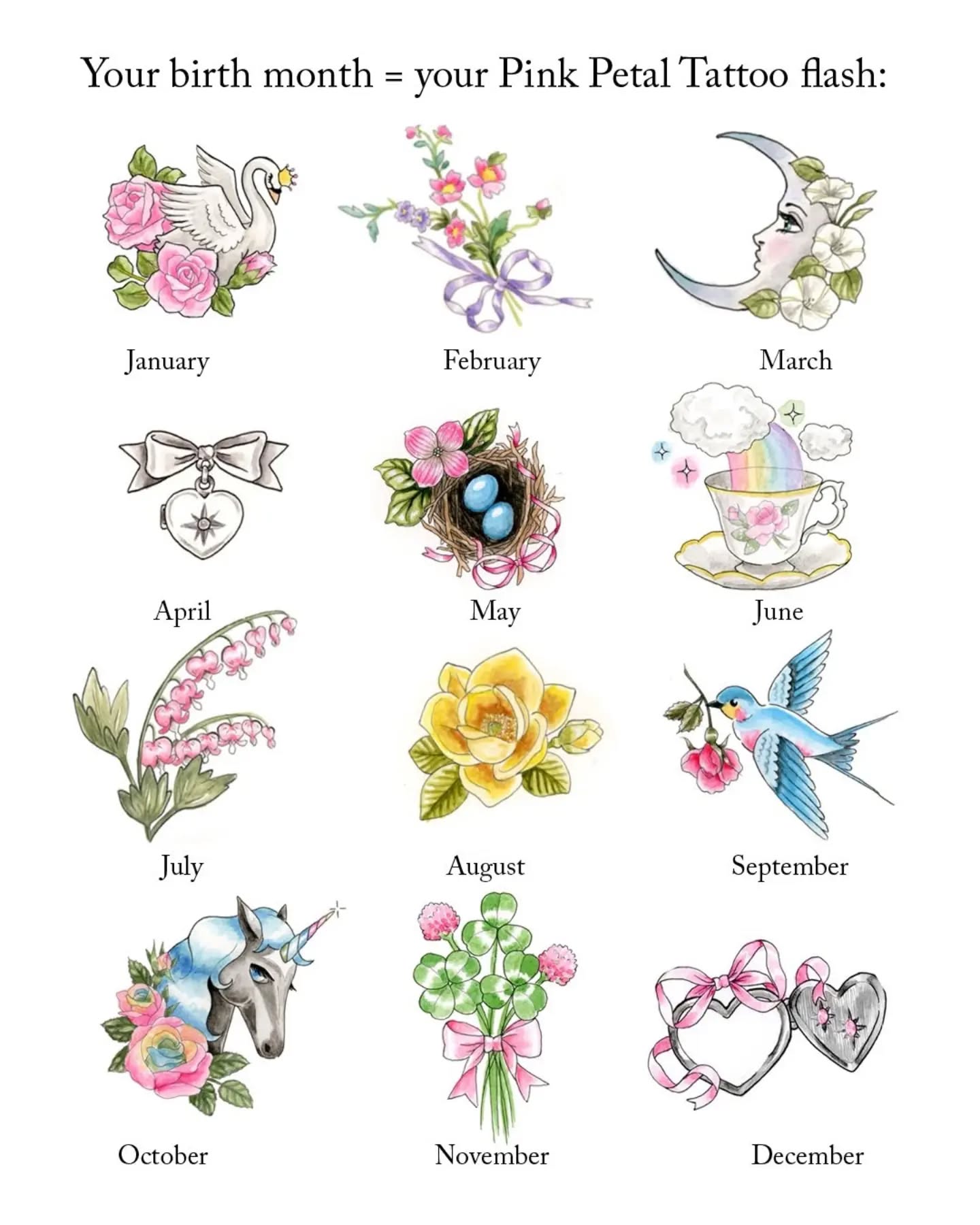 Which one did you get? Did I get it right? Let me know in the comments (and feel free to book one that ISN'T your birth month, there are no rules here!!) 🩷
I'm a girly tattoo artist in NYC ~ you can see ALL my pre-drawn designs on my "Available" highlight, but I love doing custom pieces too! Fill out my form to book with me