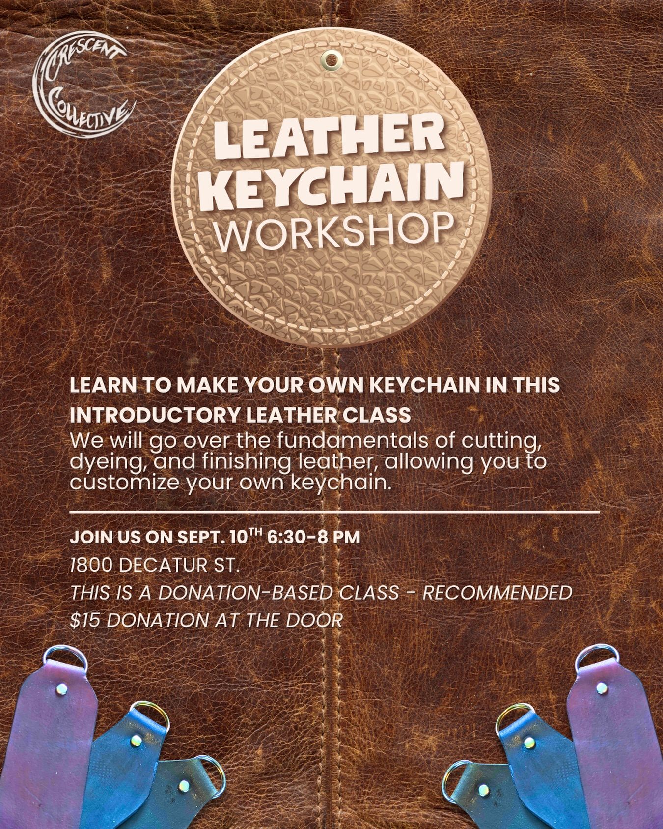 Interested in learning to work with leather? This is a great class for beginners!
Learn to make your own keychain in this introductory leather class! We will go over the fundamentals of cutting, dyeing, and finishing leather, allowing you to customize your own keychain.
This is a donation-based class - Suggested donation $15 at the door
Meet the instructor:
Ty Pittman is an enthusiastic leather teacher, wanting to bring the craft to as many people as possible. Their goal as a teacher is to create a welcoming and laid-back environment to let each student tackle the challenges leatherworking presents at their own pace. Outside of leatherworking, Ty volunteers with the Richmond Ren faire, runs TTRPGs, and works with horses.
#rva #richmondva #rvaworkshops #rvacraft