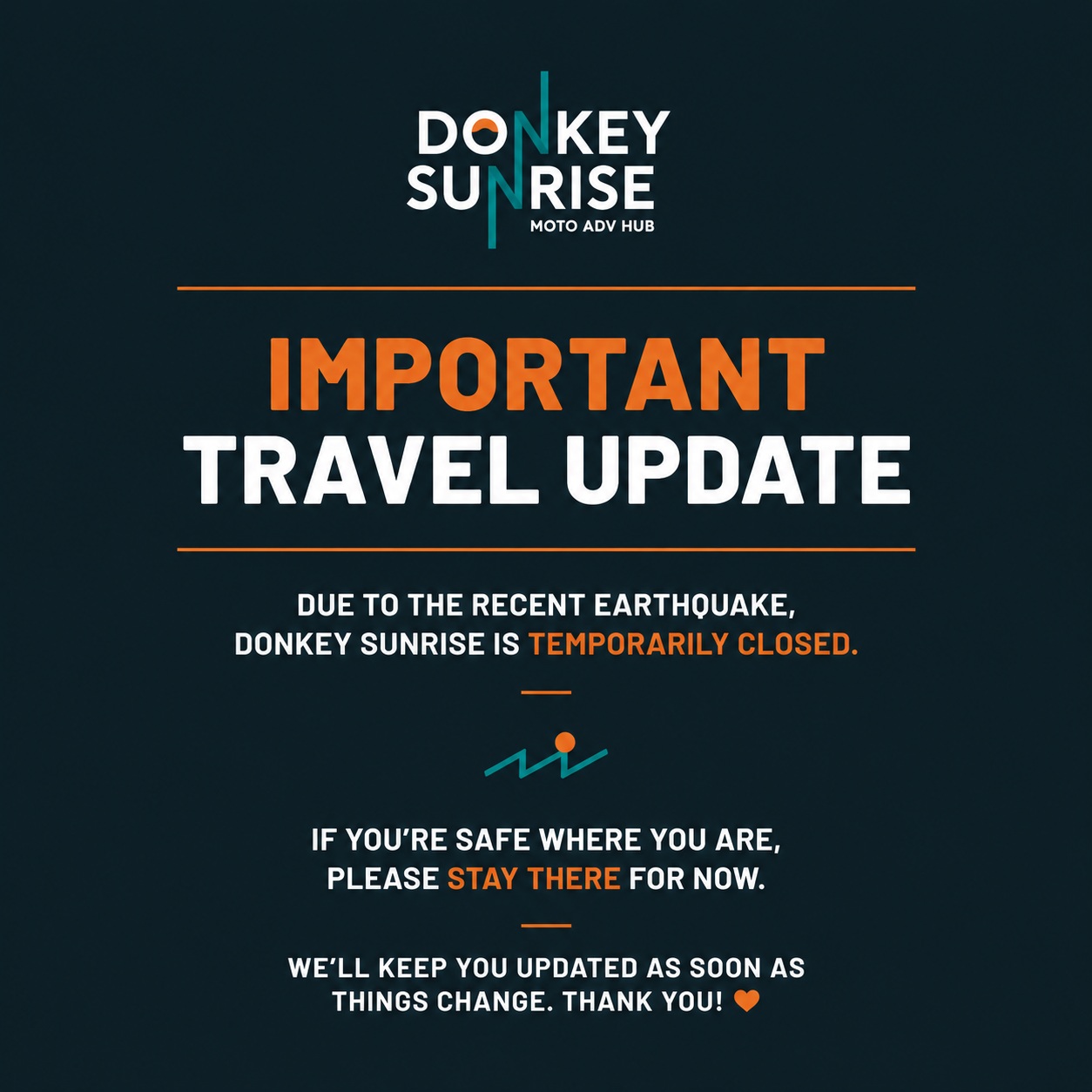 ⚠️ Important update from Donkey Sunrise
Hey everyone,
As many of you have probably heard, a major earthquake has affected this region. First of all, we hope all of you are safe. 🧡
We want to ask everyone who's currently travelling in Colombia not to head to Donkey Sunrise for the time being.
At the moment:
◾There is no electricity.
◾There is no fuel.
◾Many facilities in the area are damaged, closed or not operating.
◾We're currently not able to welcome guests or provide services 😢
If you're safe where you are, our advice is to stay there for now. Please avoid unnecessary travel to this area until the situation becomes clearer and essential services are back up and running.
Our team is safe, and we'll keep you updated as things change. As soon as we're ready to welcome travellers again, you'll be the first to know.
Thank you for your understanding, and please stay safe out there. 🧡
— The Donkey Sunrise family